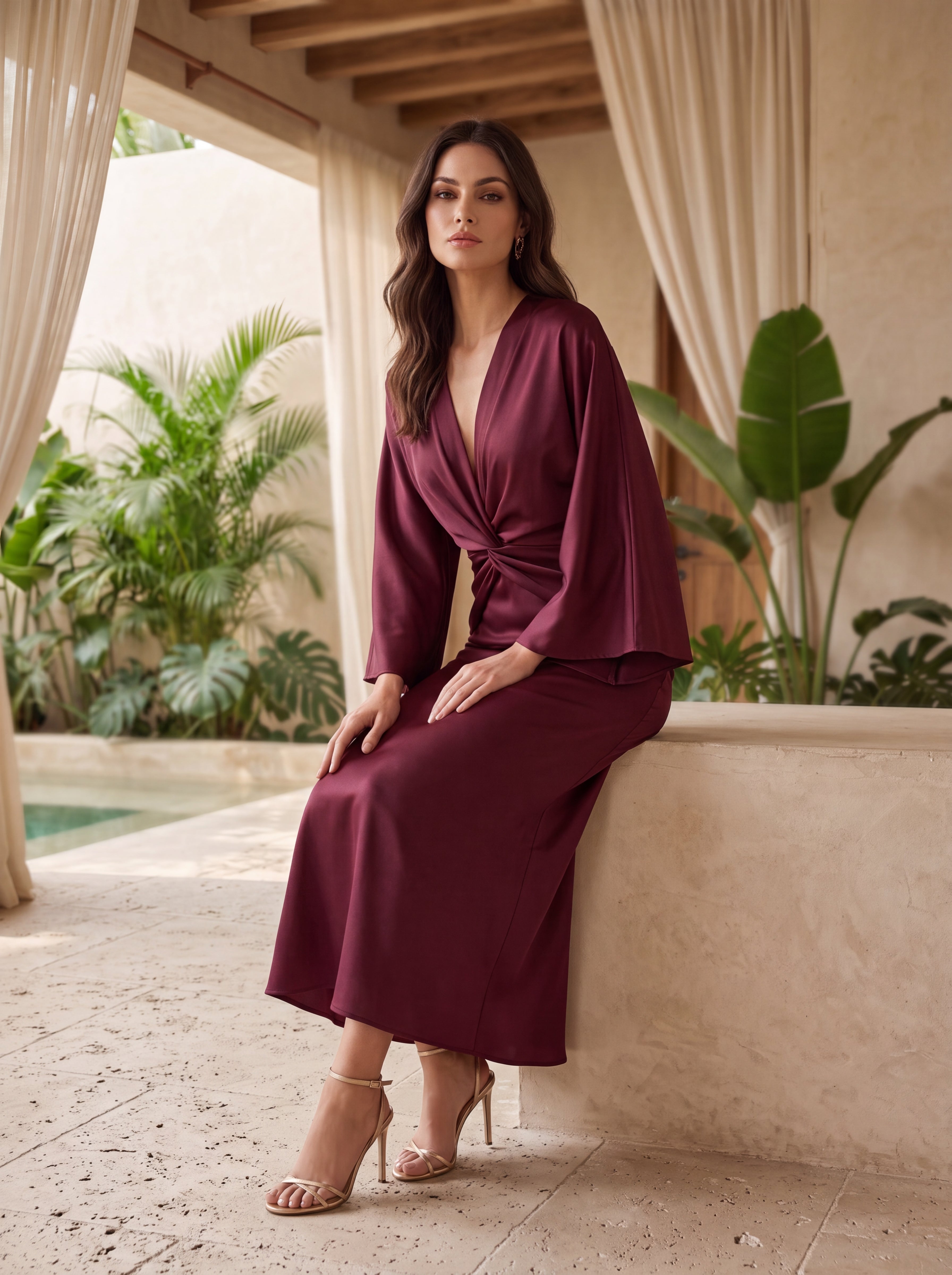 Women's Satin Twist Waist Midi Dress | Premium European Evening Dress