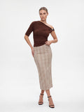 Women's Chocolate Brown One-Shoulder Ruched Top – Elegant Fitted Knit Top
