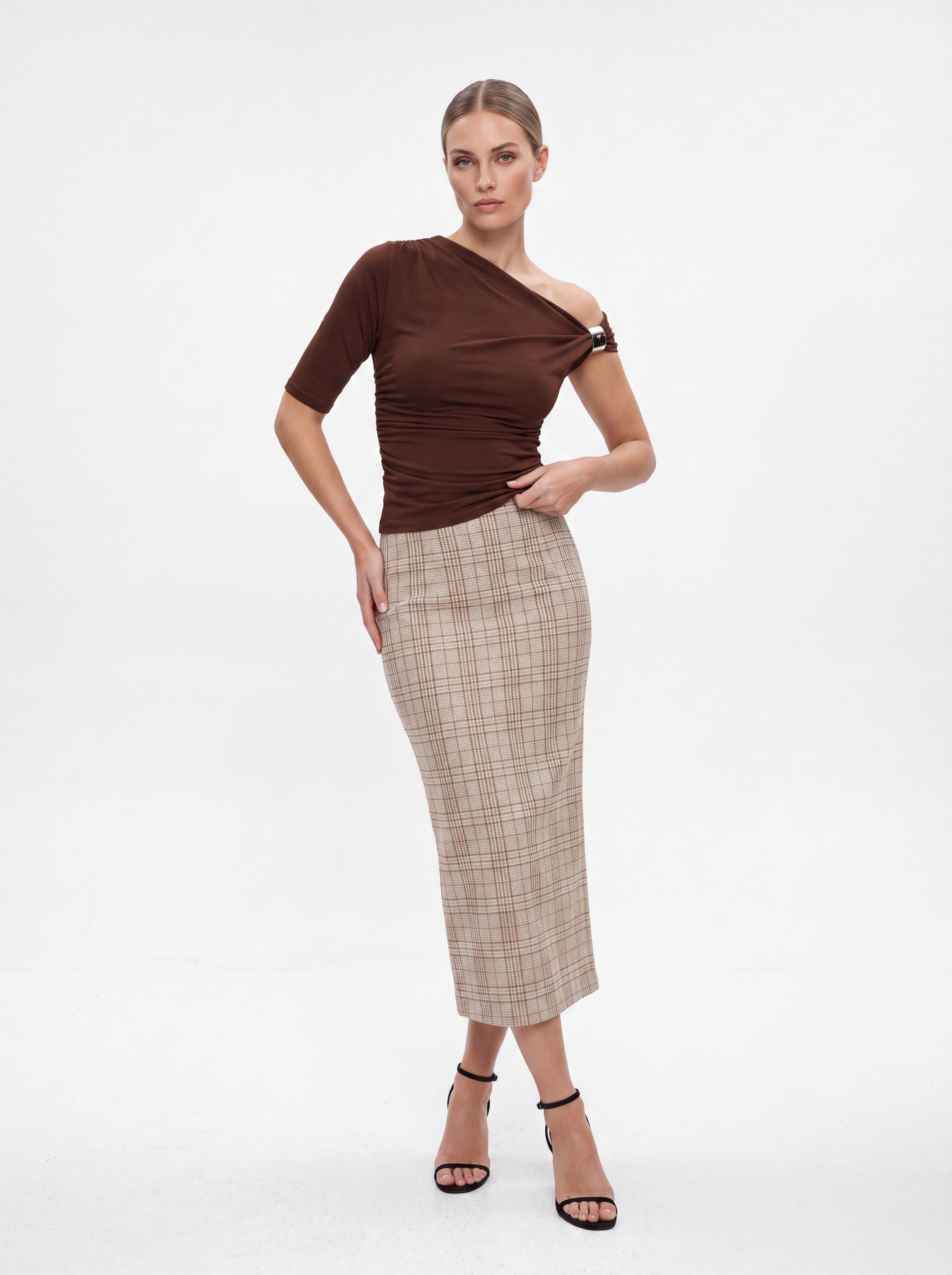 Women's Chocolate Brown One-Shoulder Ruched Top – Elegant Fitted Knit Top
