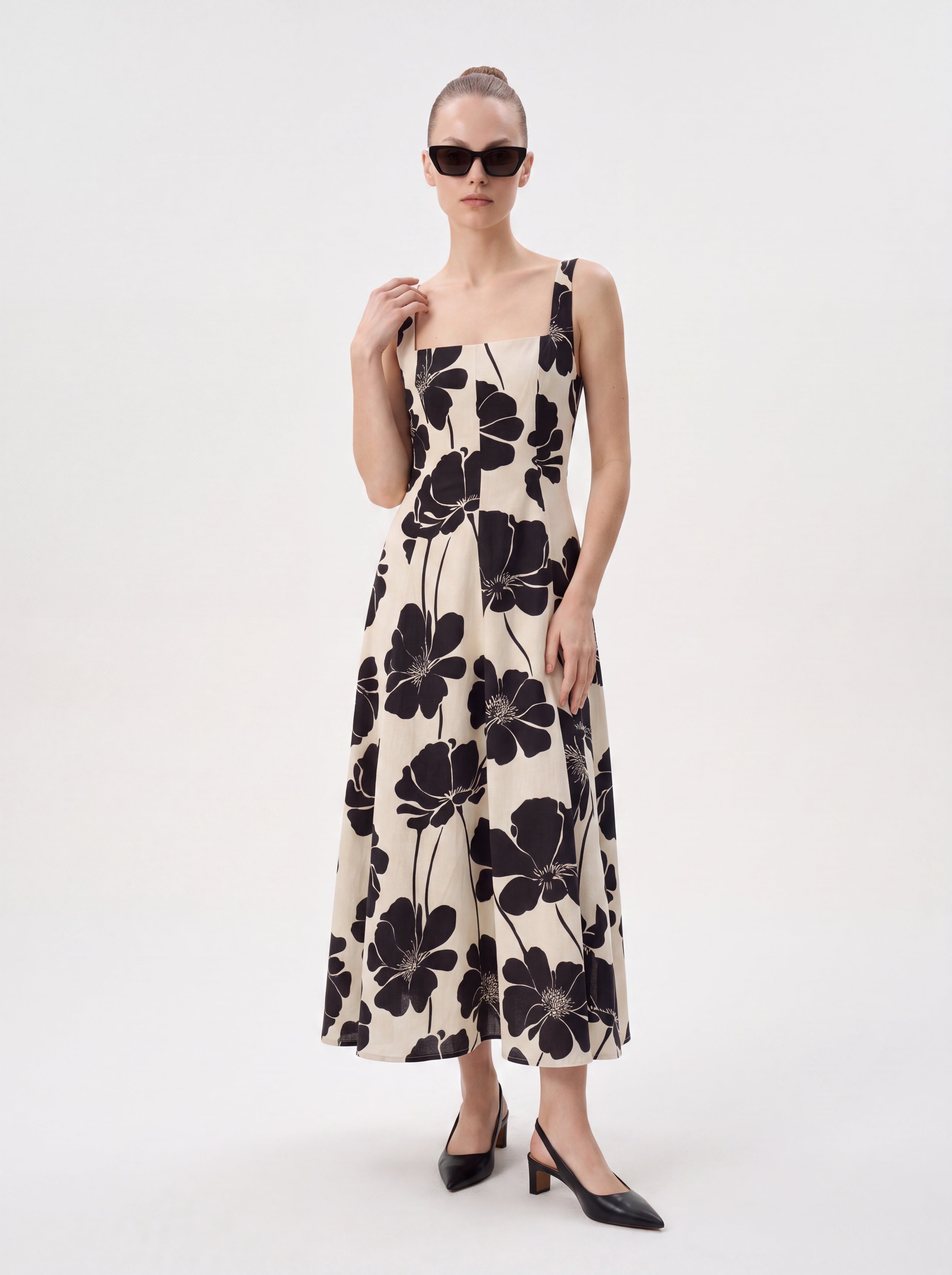 Women's Floral A-Line Midi Dress – Ivory & Black