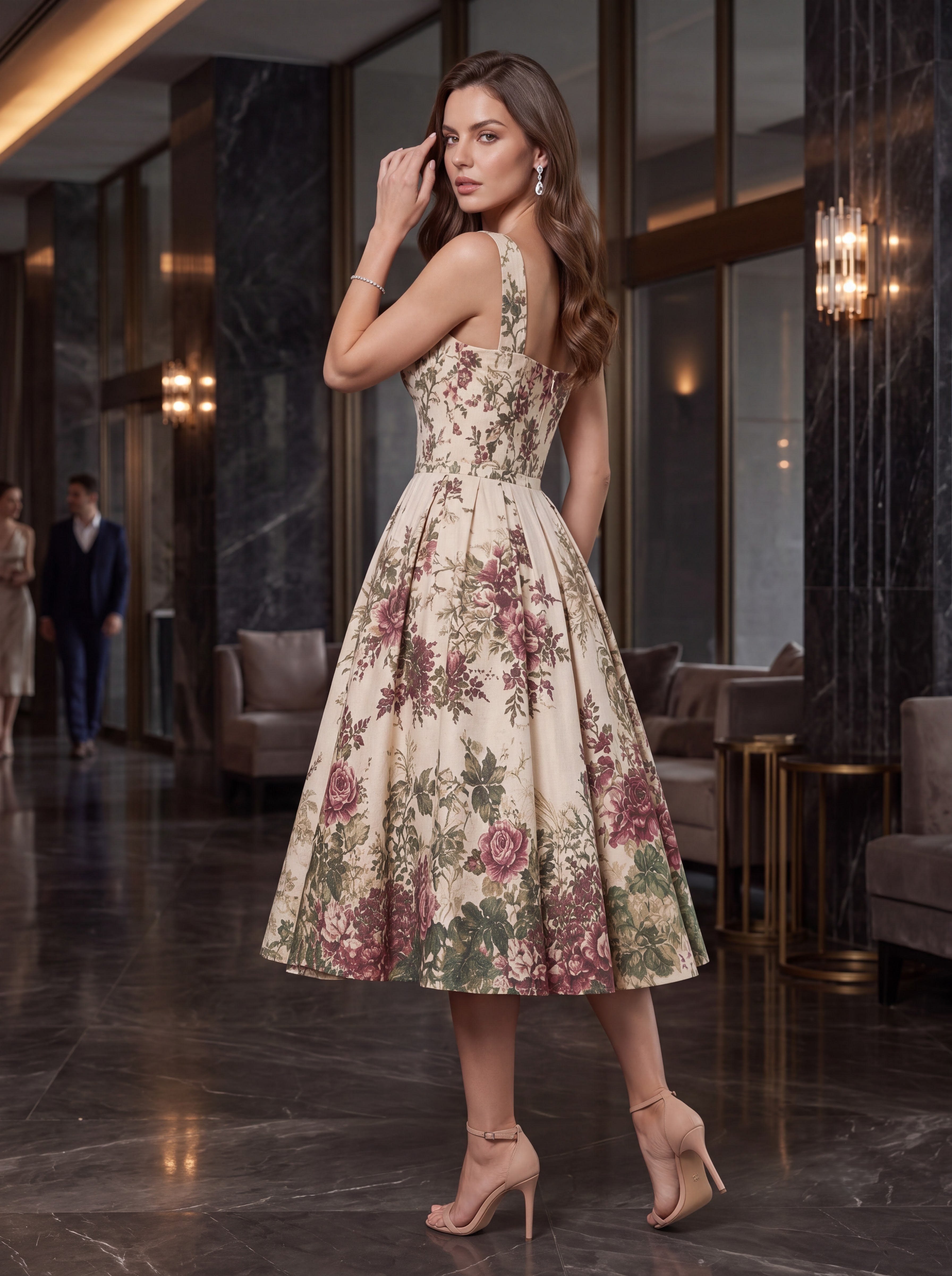 Vintage Floral Sweetheart Midi Dress