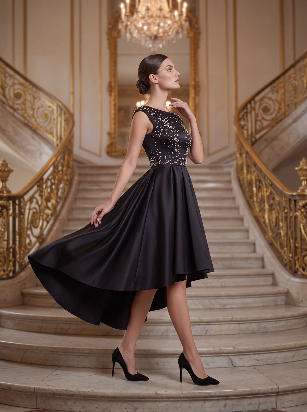 Black Embellished High-Low Satin Dress
