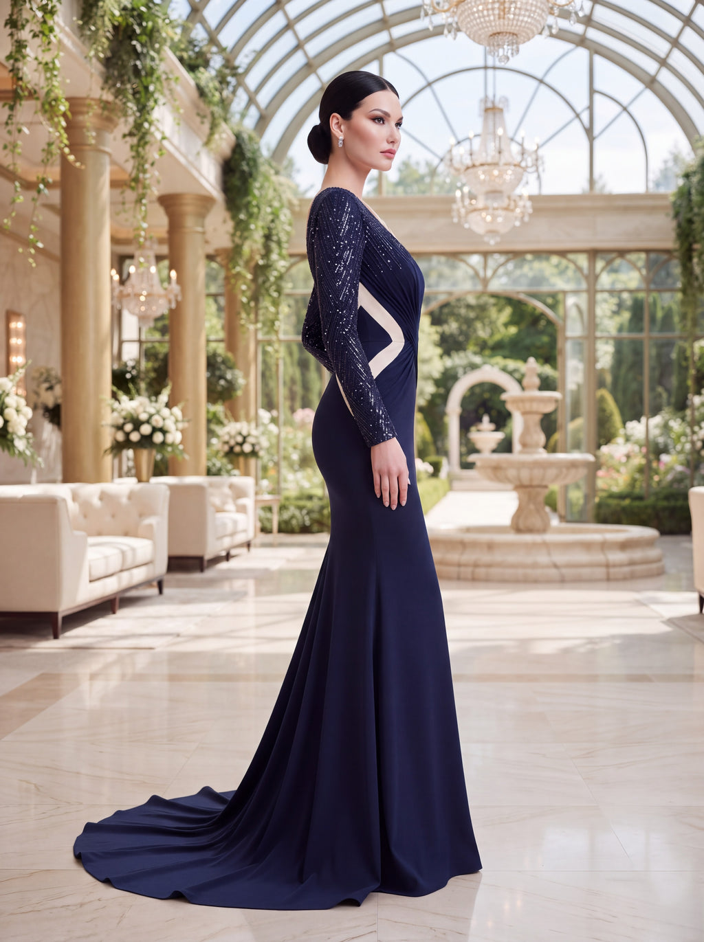 Navy Blue Long Sleeve Mermaid Evening Gown