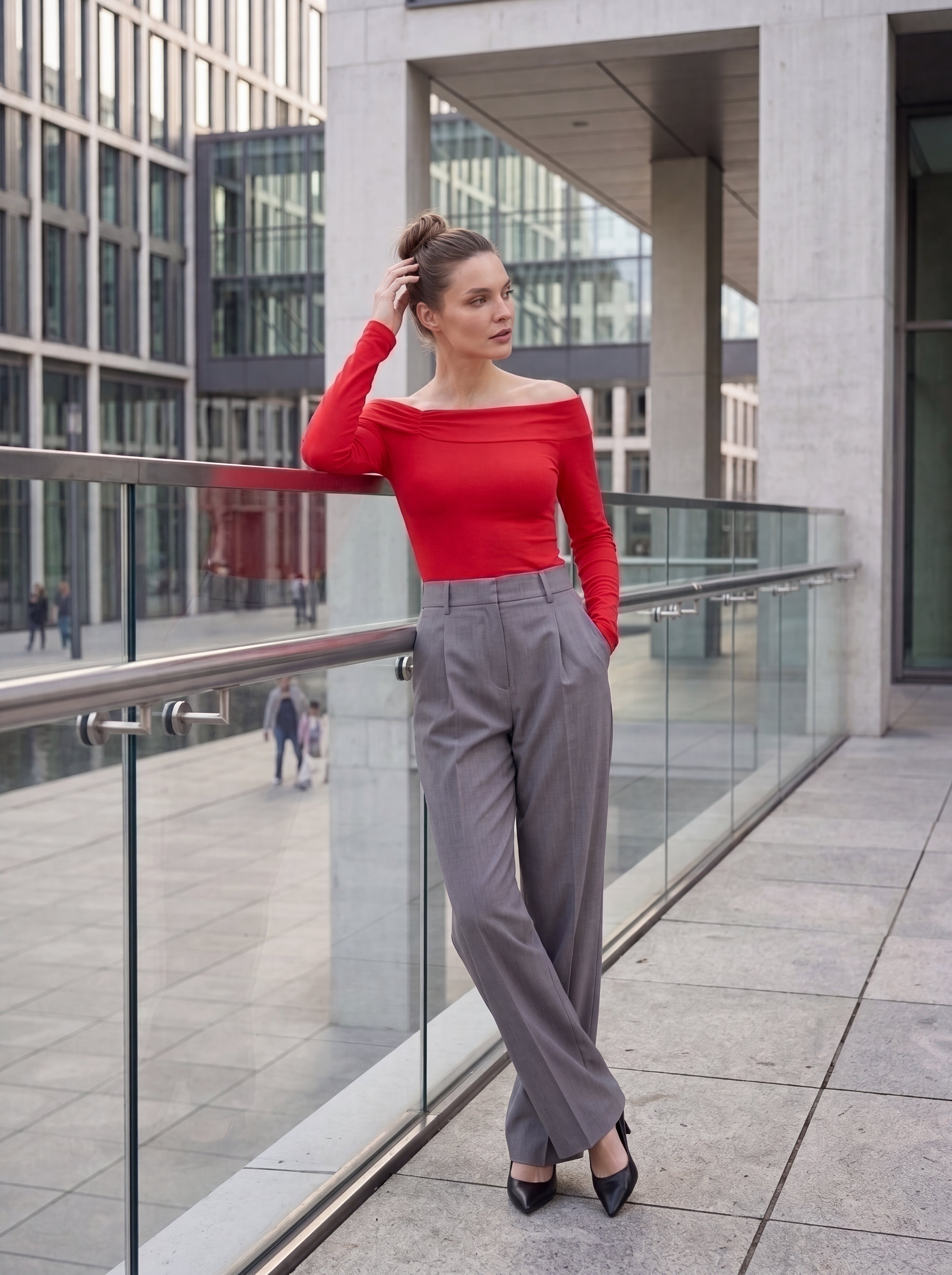 Women's Red Off-Shoulder Long Sleeve Knit Top – Elegant European Fitted Top