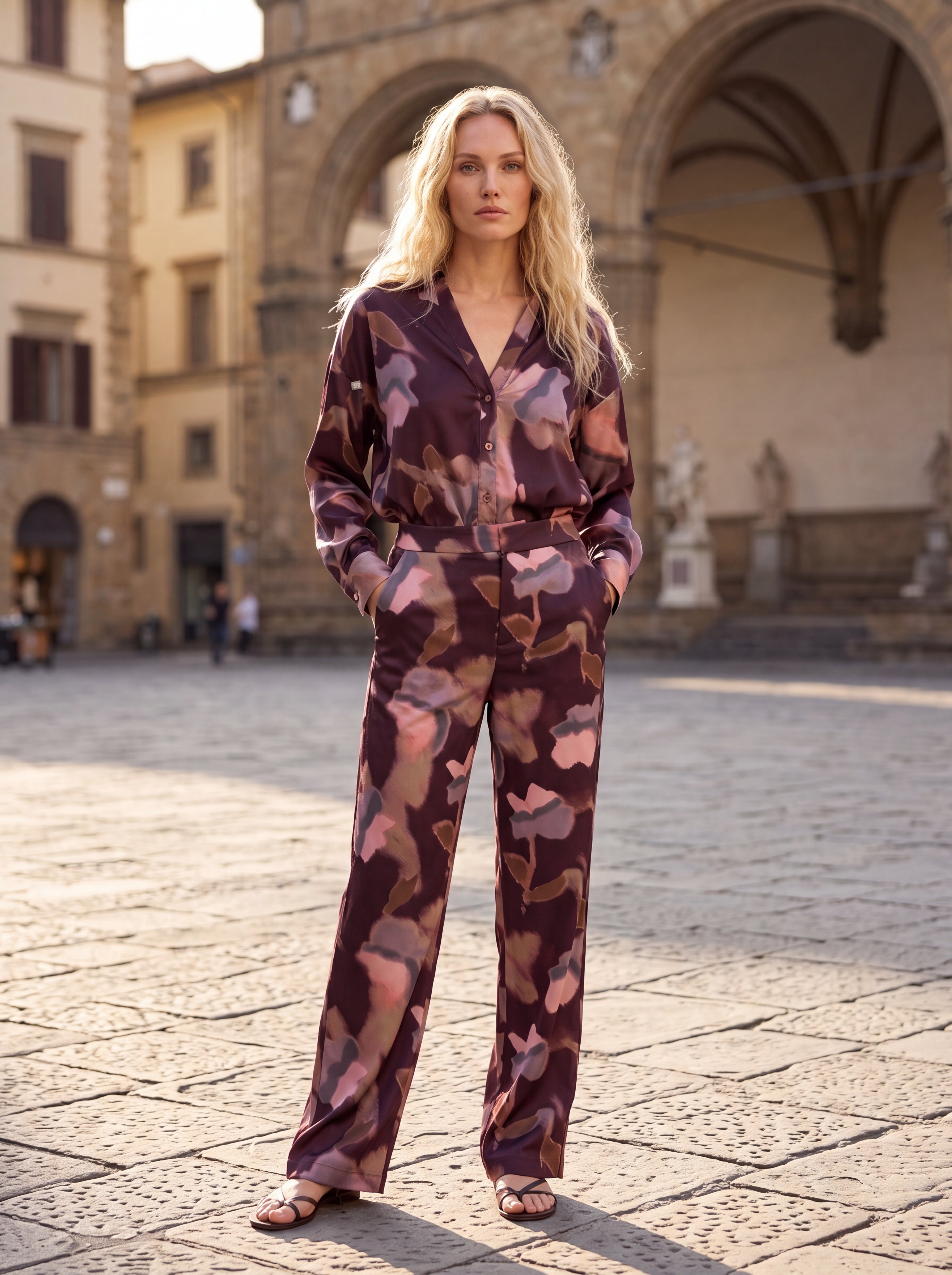 Women's Burgundy Floral Print High-Waisted Straight-Leg Trousers – Premium European Satin Formal Pants