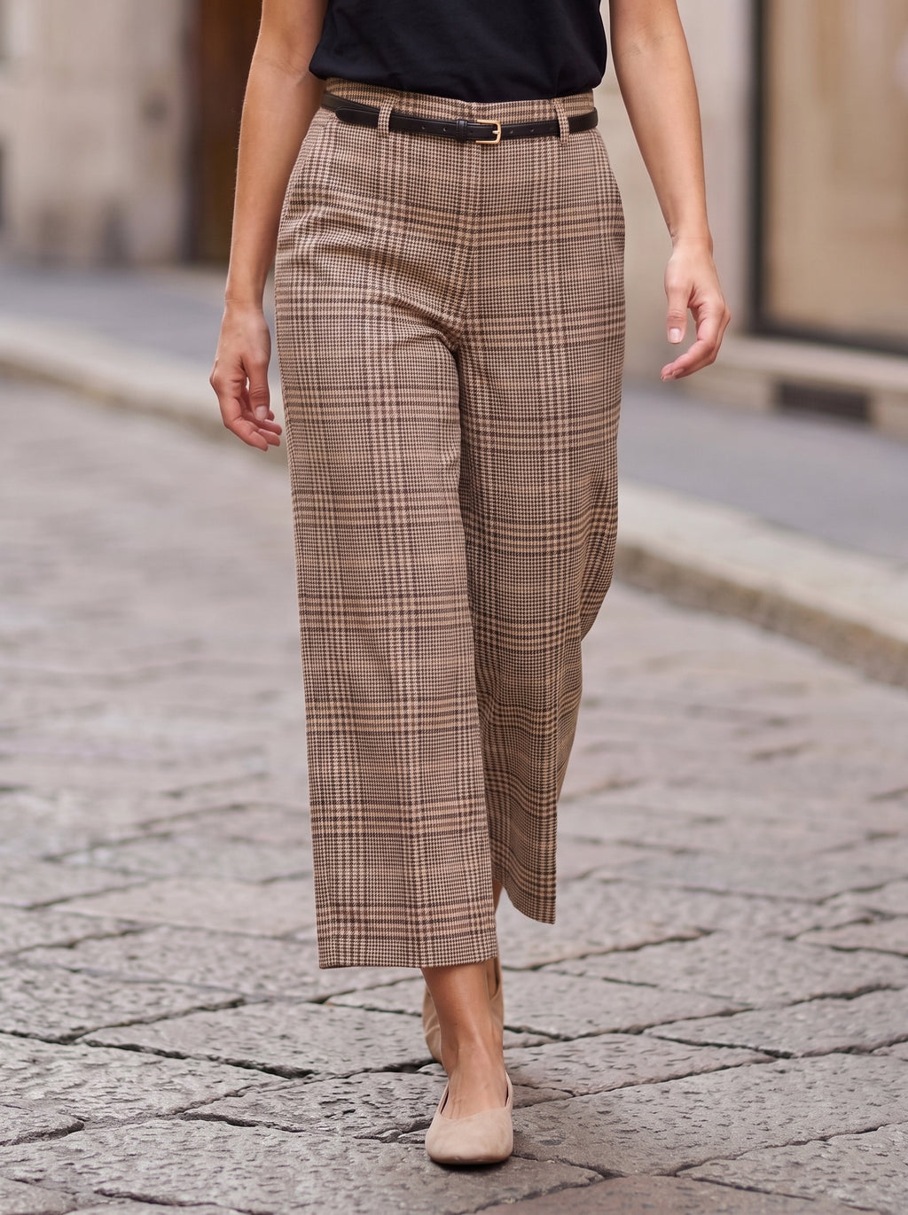 Women's Brown Check High-Waisted Cropped Wide-Leg Trousers – Premium European Plaid Tailored Pants