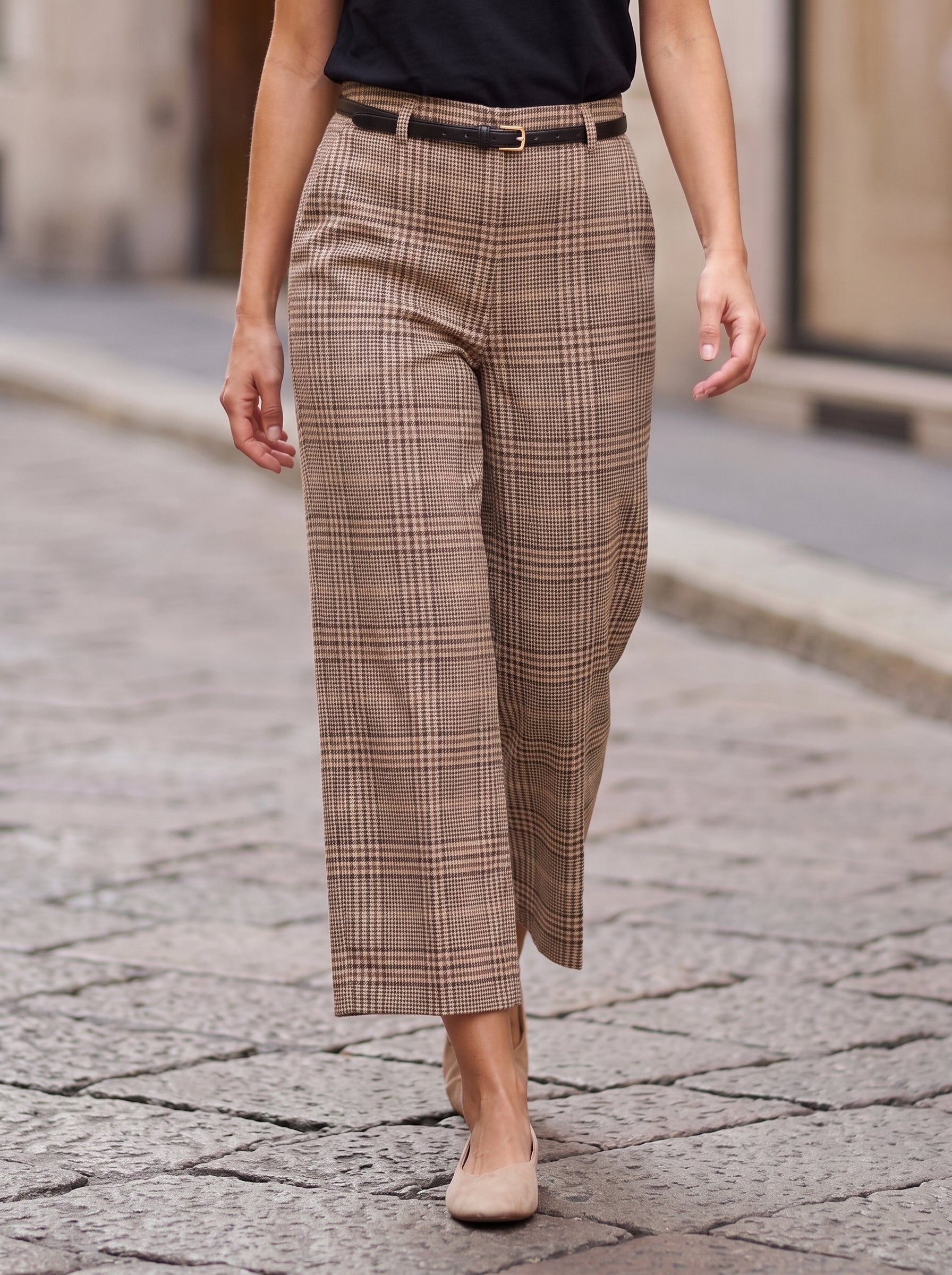 Women's Brown Check High-Waisted Cropped Wide-Leg Trousers – Premium European Plaid Tailored Pants