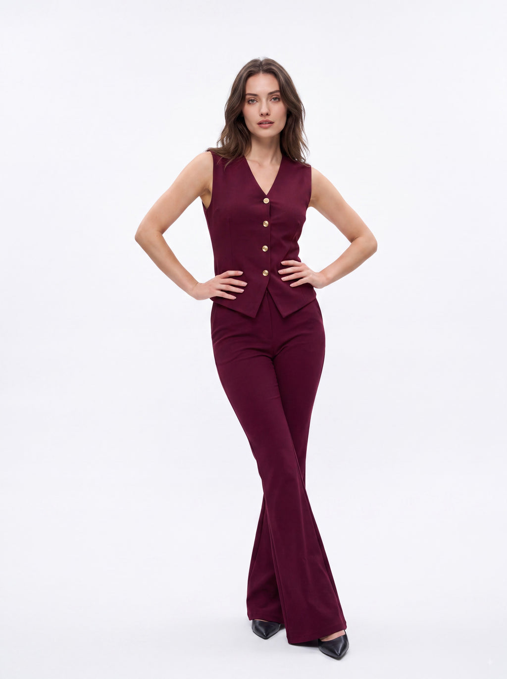 Women's Burgundy Tailored Vest & Flared Trousers Pair Collection | Premium European Women's Pair