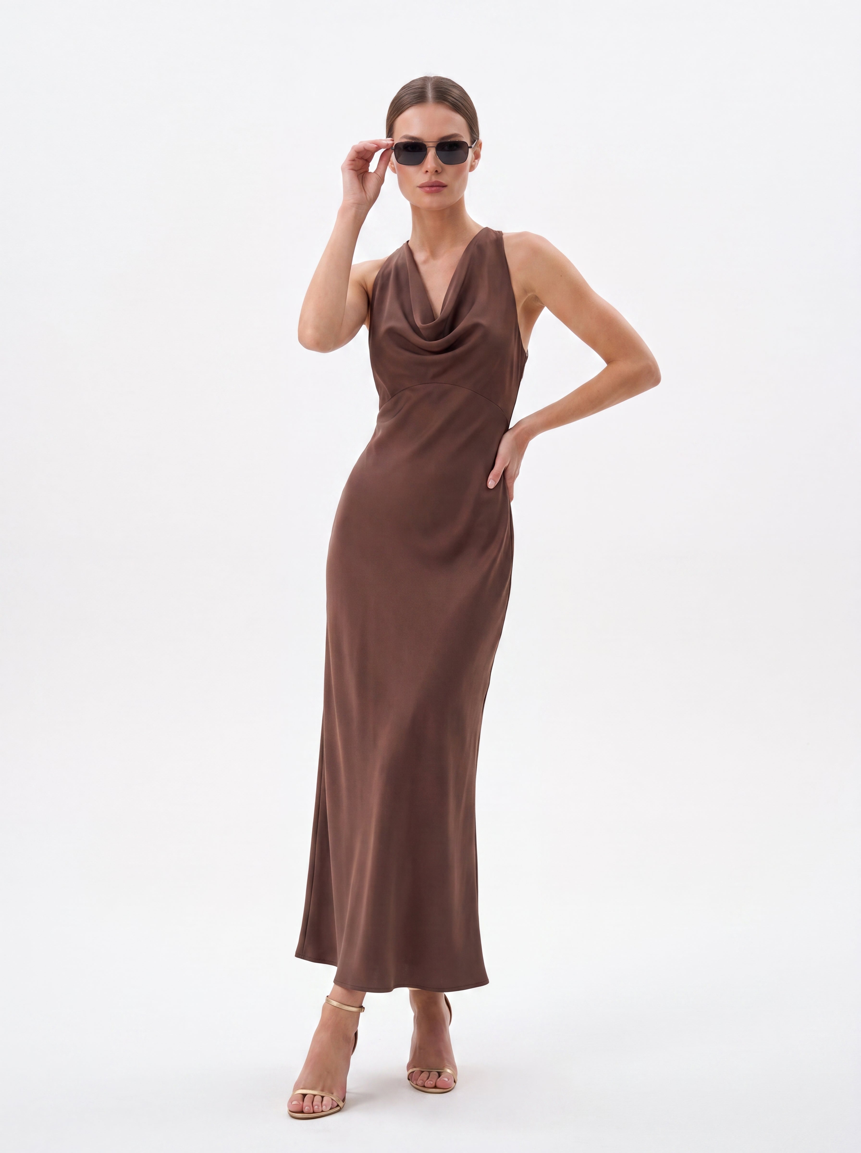 Women's Chocolate Brown Satin Cowl Neck Maxi Dress | Elegant European Evening Dress