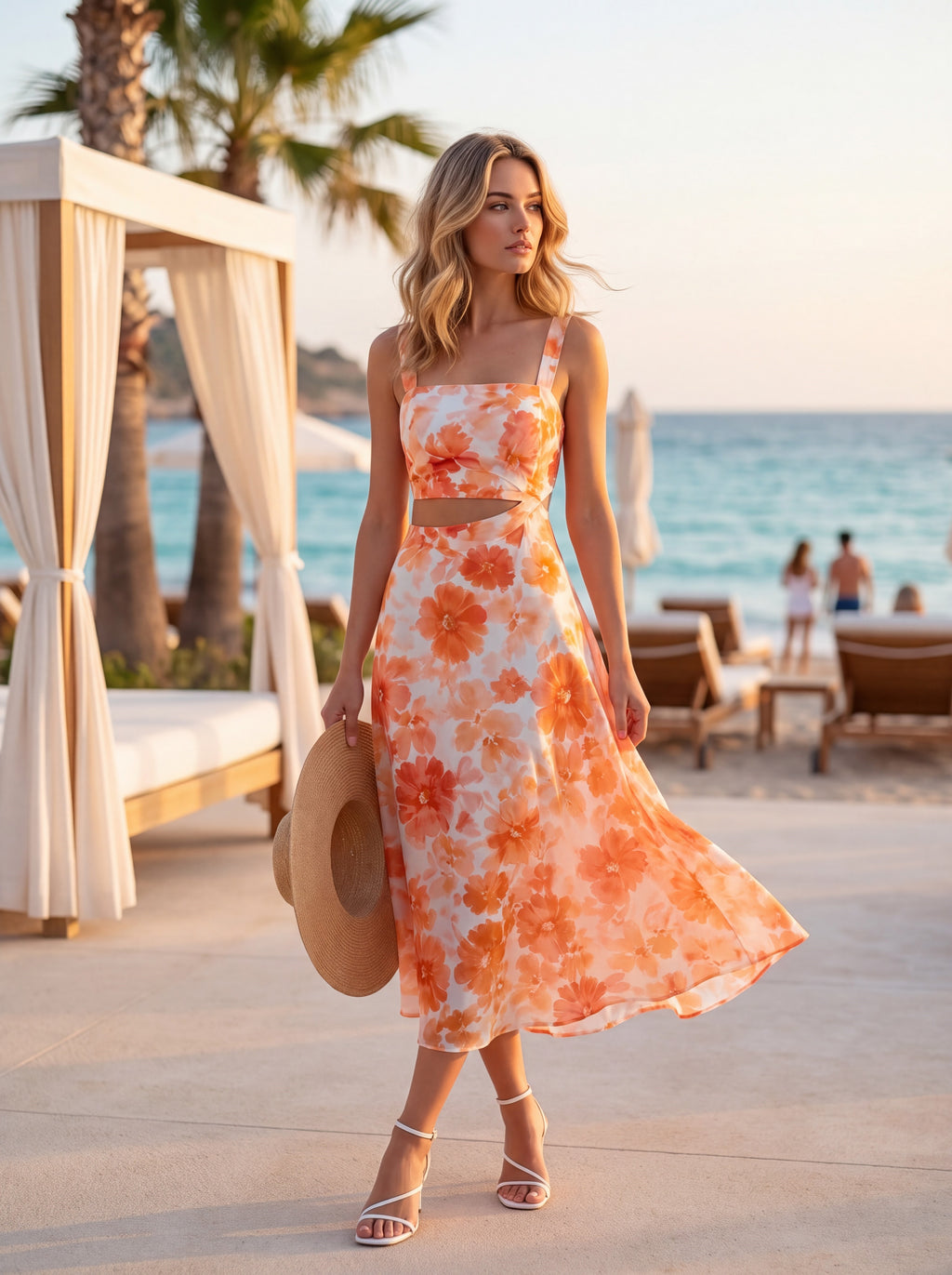 Orange Floral Cut-Out Midi Dress