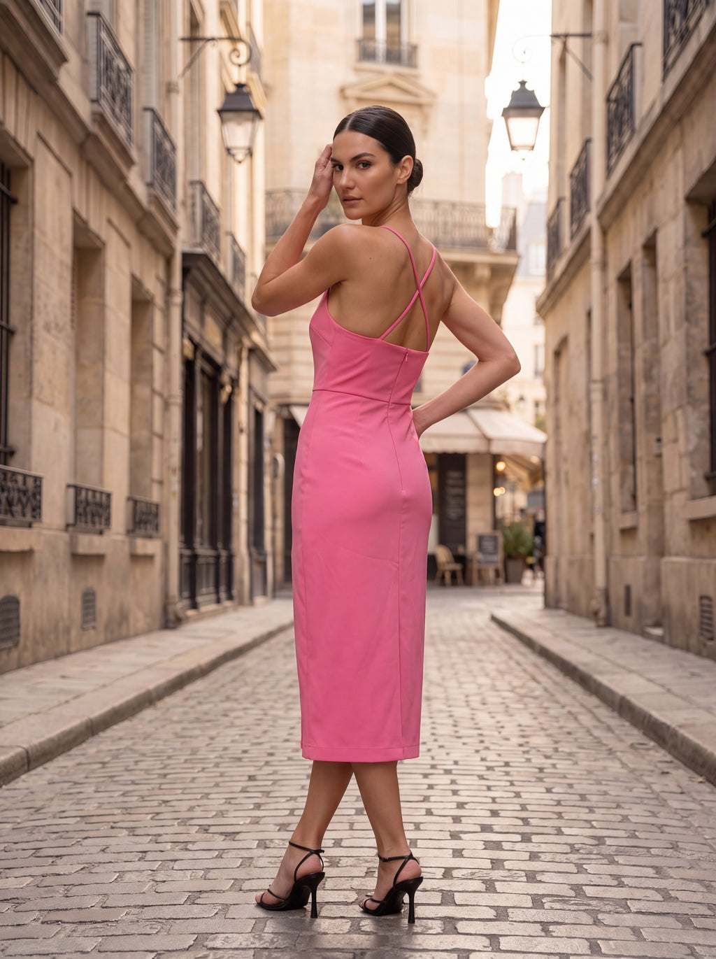 Women's Pink Square Neck Midi Dress – Elegant Sleeveless Bodycon Dress with Front Slit