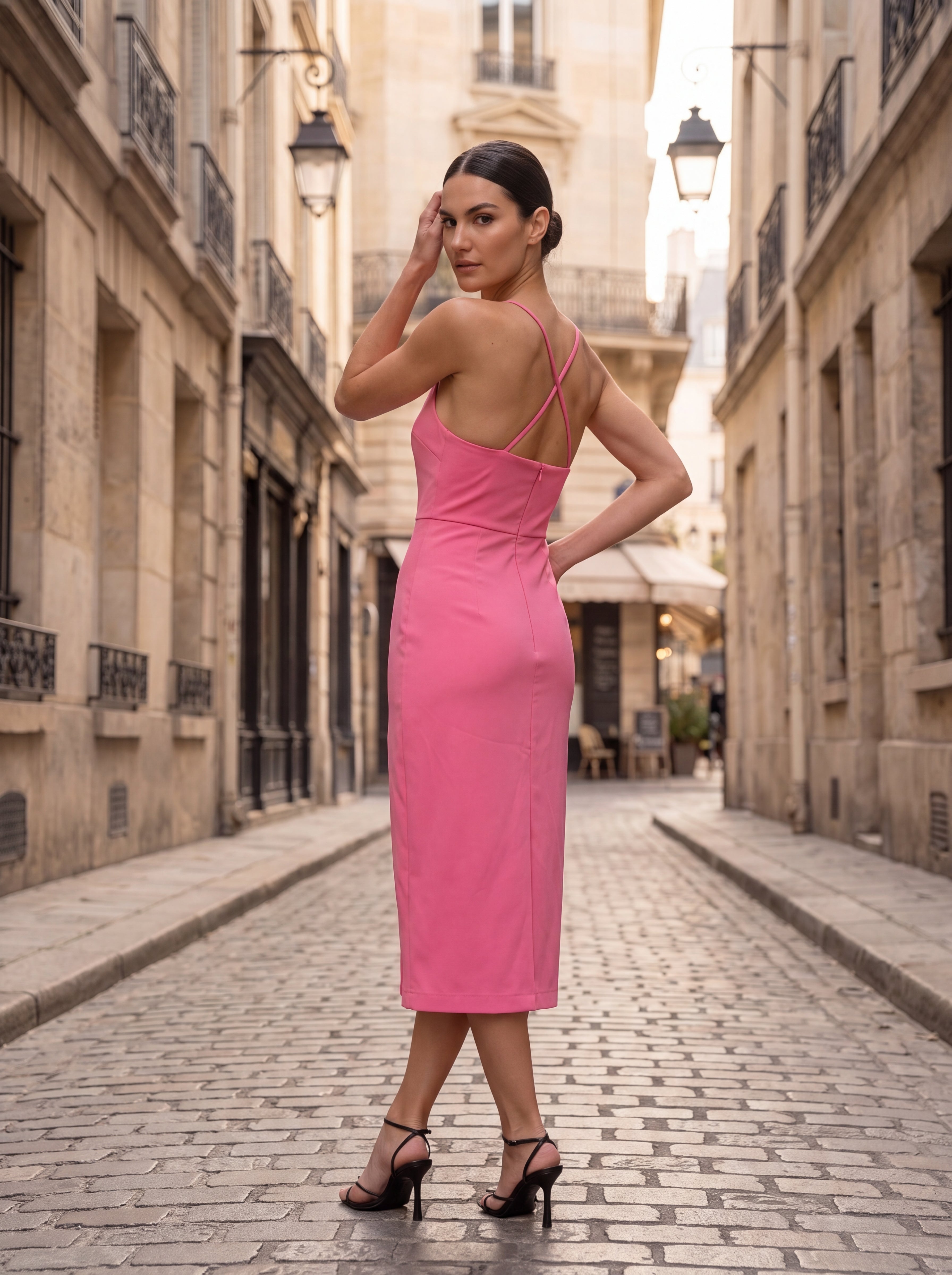 Women's Pink Square Neck Midi Dress – Elegant Sleeveless Bodycon Dress with Front Slit