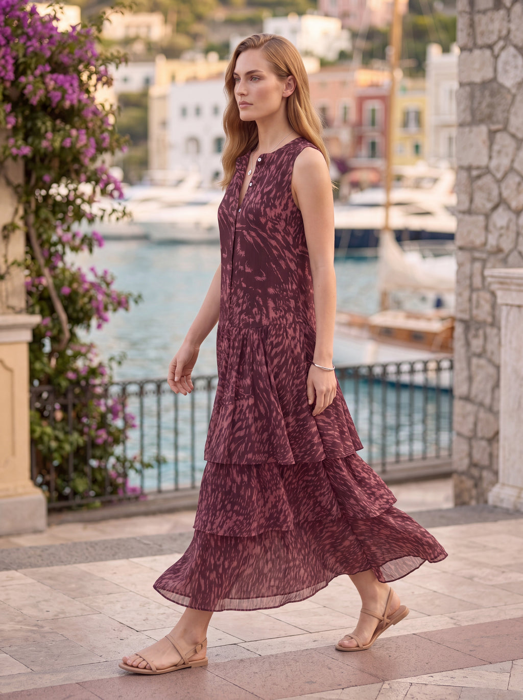 Women's Printed Tiered Sleeveless Midi Dress – Burgundy
