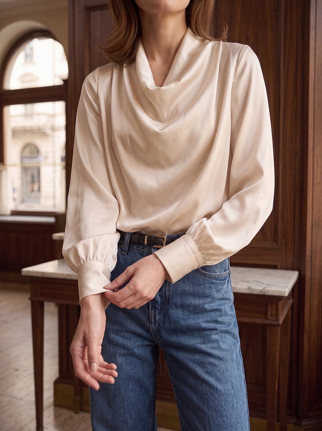 Women's Ivory Satin Cowl Neck Blouse | Premium European Long Sleeve Elegant Top