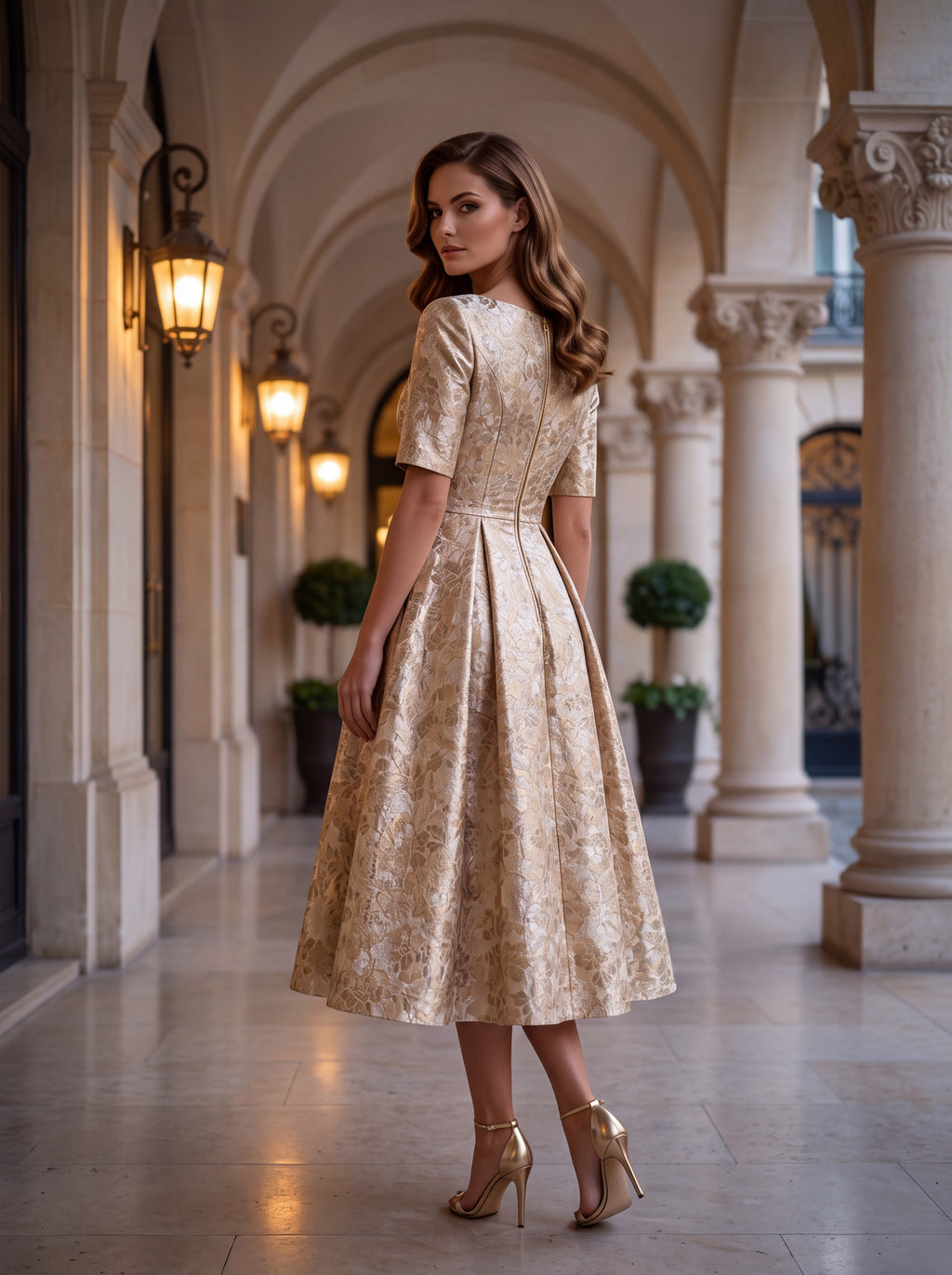 Champagne Floral Jacquard Midi Dress
