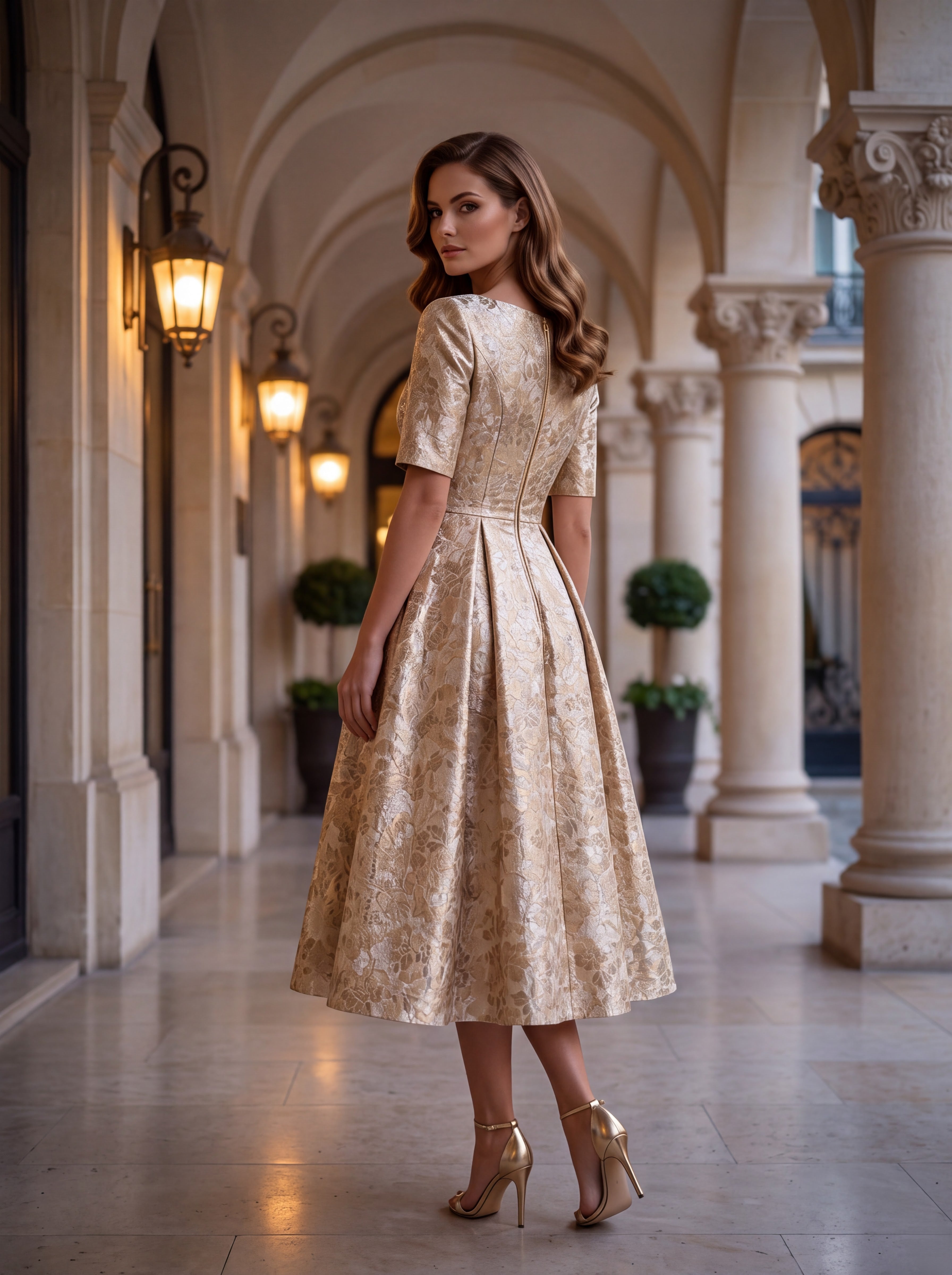 Champagne Floral Jacquard Midi Dress