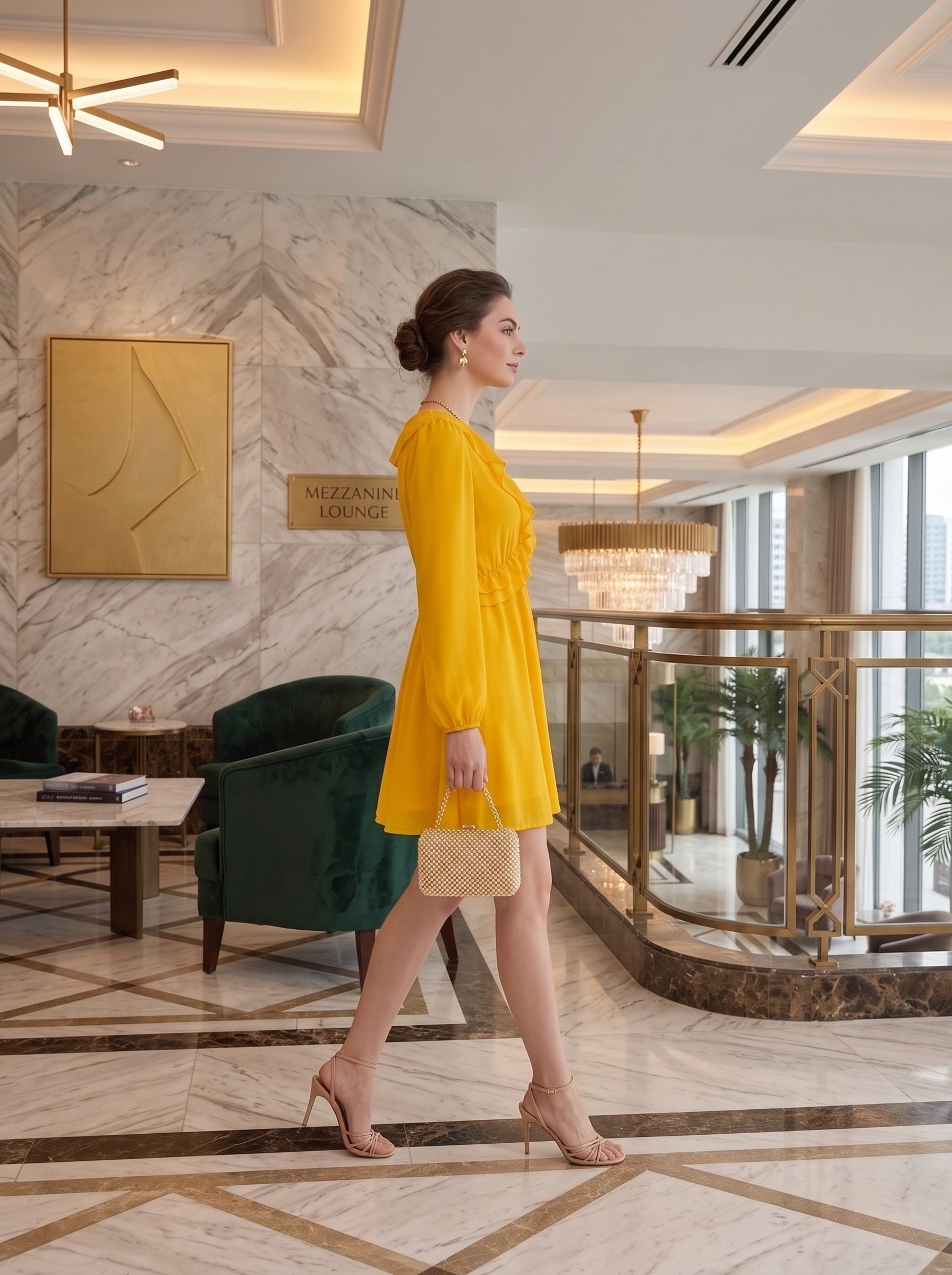 Women's Mustard Yellow Ruffle Mini Dress – Elegant Long Sleeve Party Dress