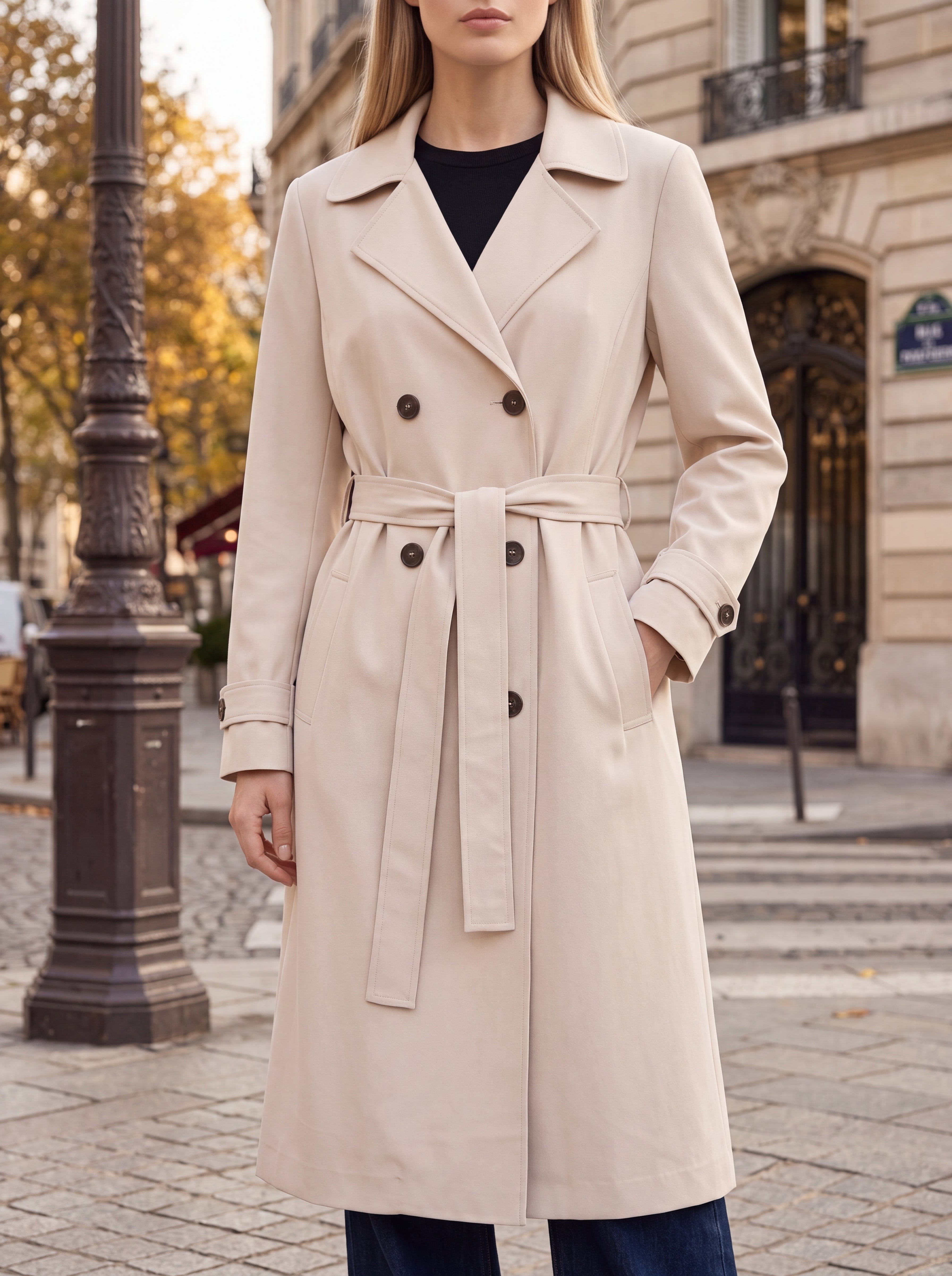 Women's Double-Breasted Belted Trench Blazer – Beige