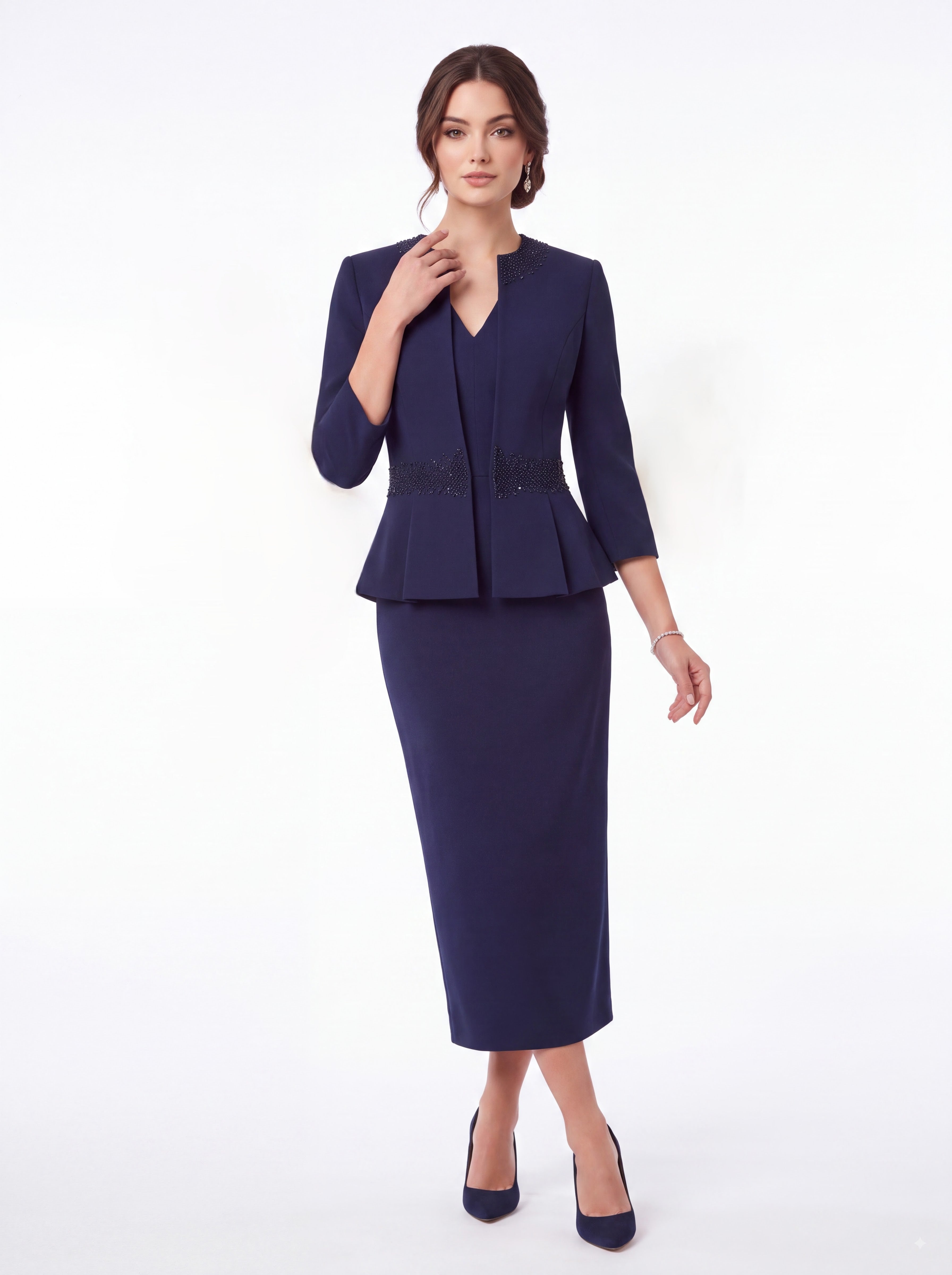 Navy Embellished Jacket & Midi Dress
