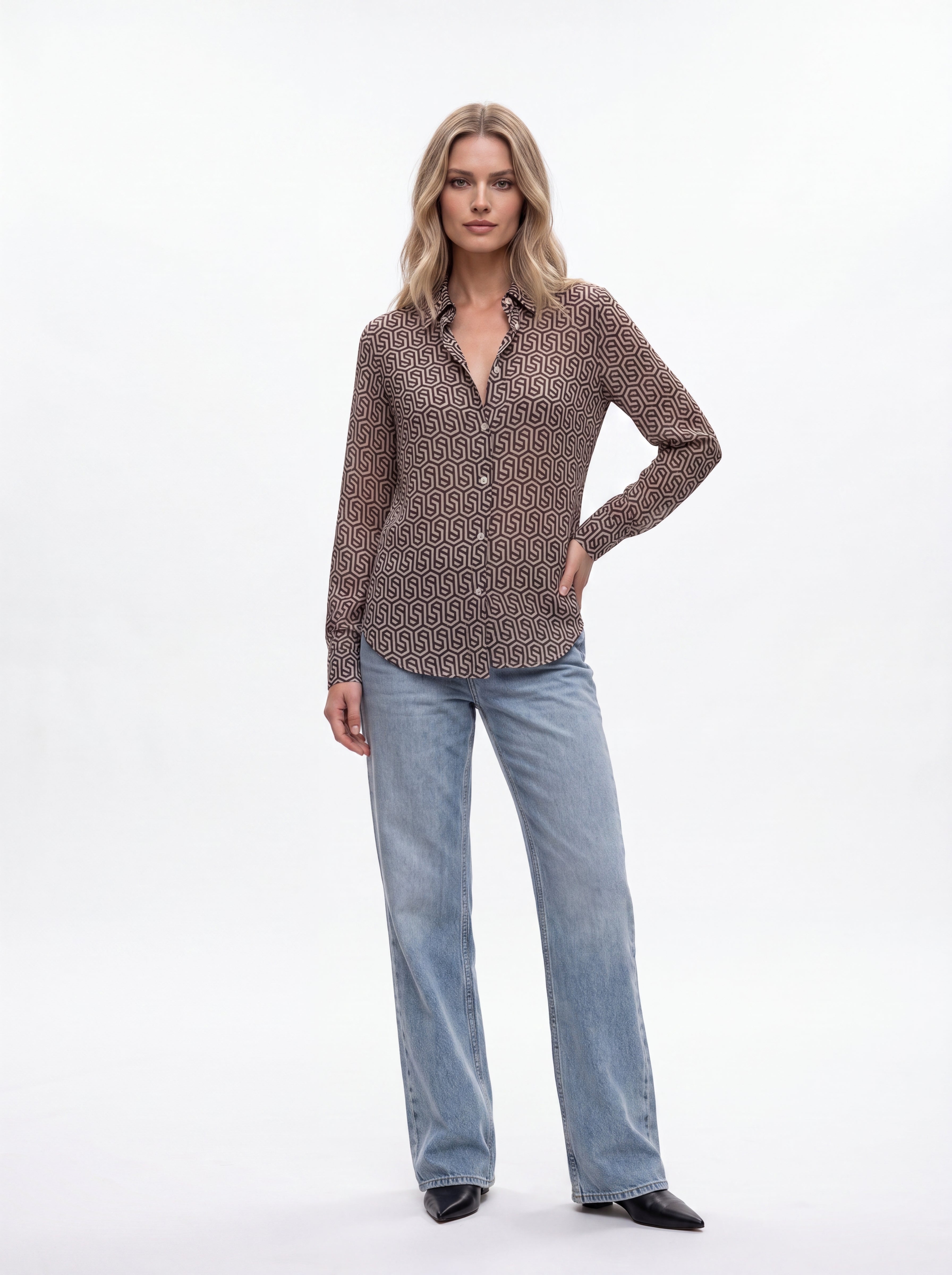 Women's Brown Geometric Print Shirt | Premium European Designer Long Sleeve Shirt