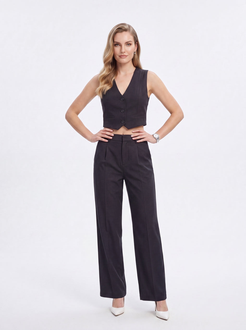 Women's Charcoal High-Waisted Straight-Leg Tailored Trousers – Premium European Formal Office Pants