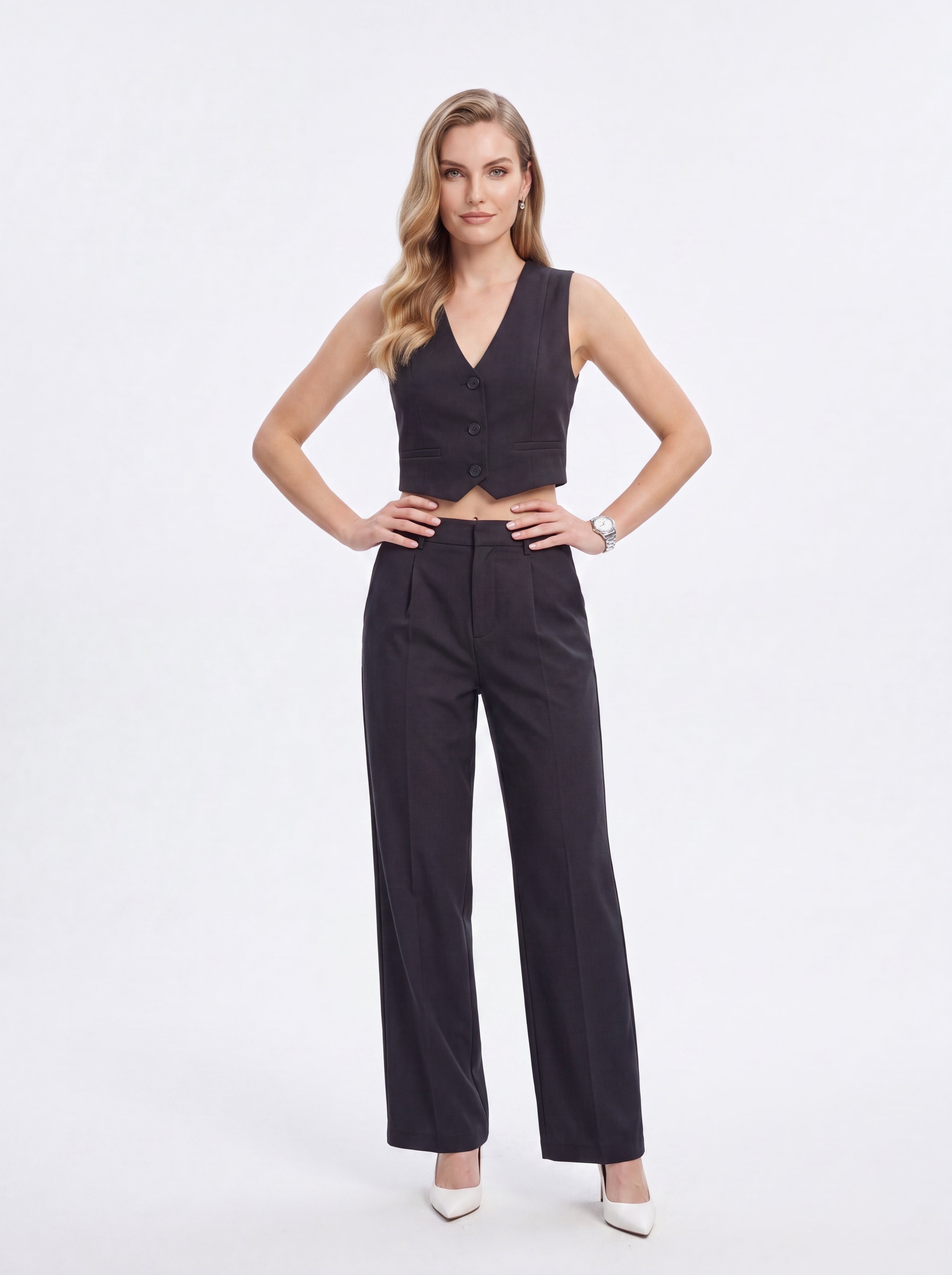 Women's Charcoal High-Waisted Straight-Leg Tailored Trousers – Premium European Formal Office Pants