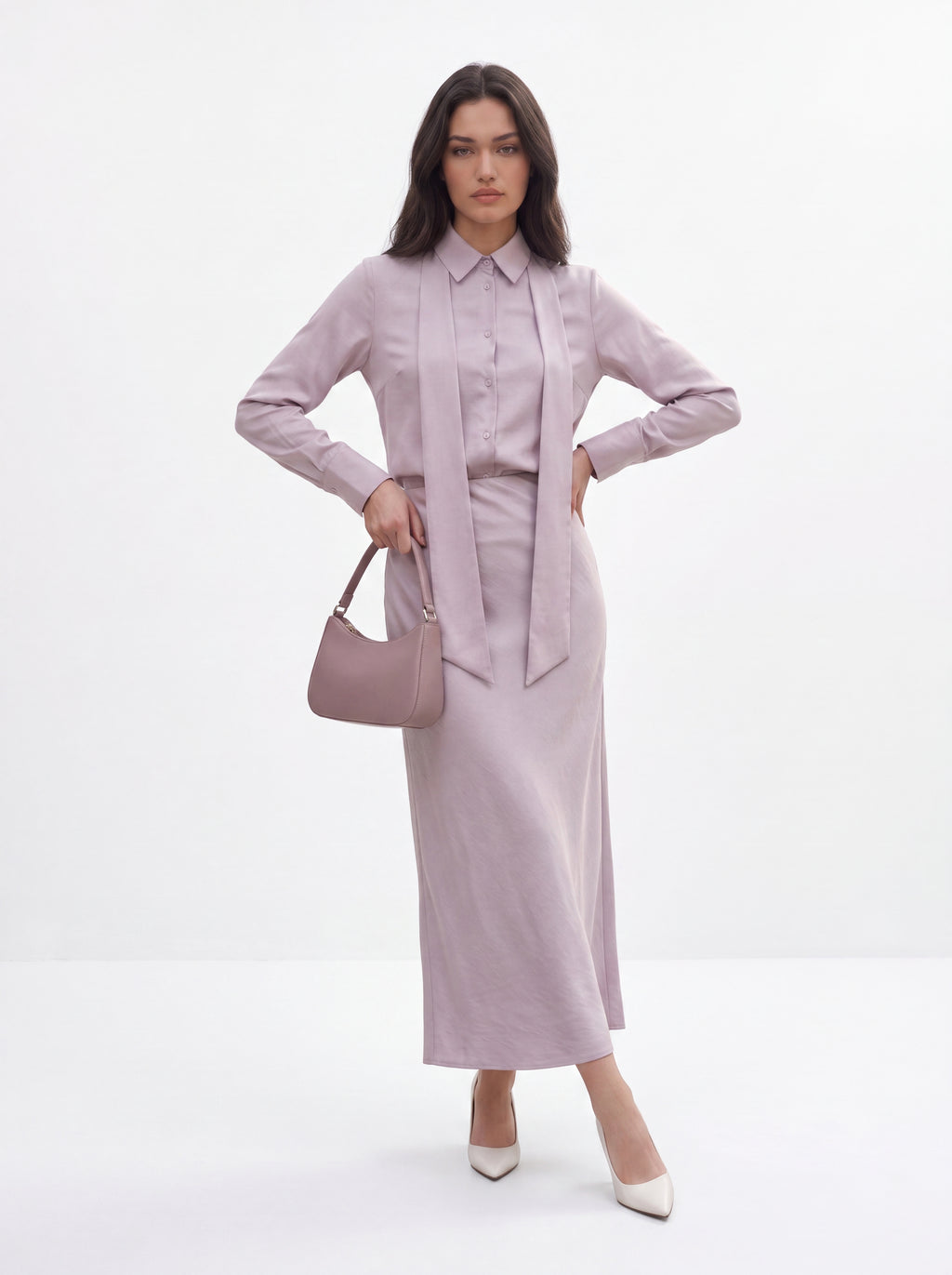 Women's Satin Blouse & Maxi Skirt with Scarf Tie