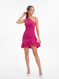 Pink One Shoulder Ruched Ruffle Mini Dress