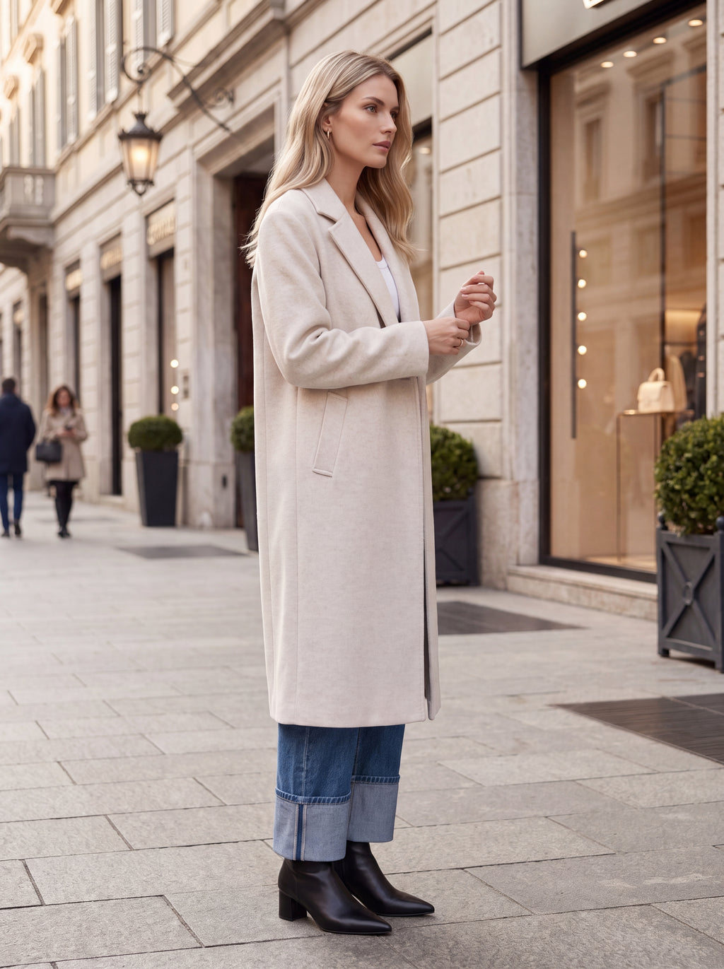Women's Single-Breasted Long Wool Blend blazer – Cream