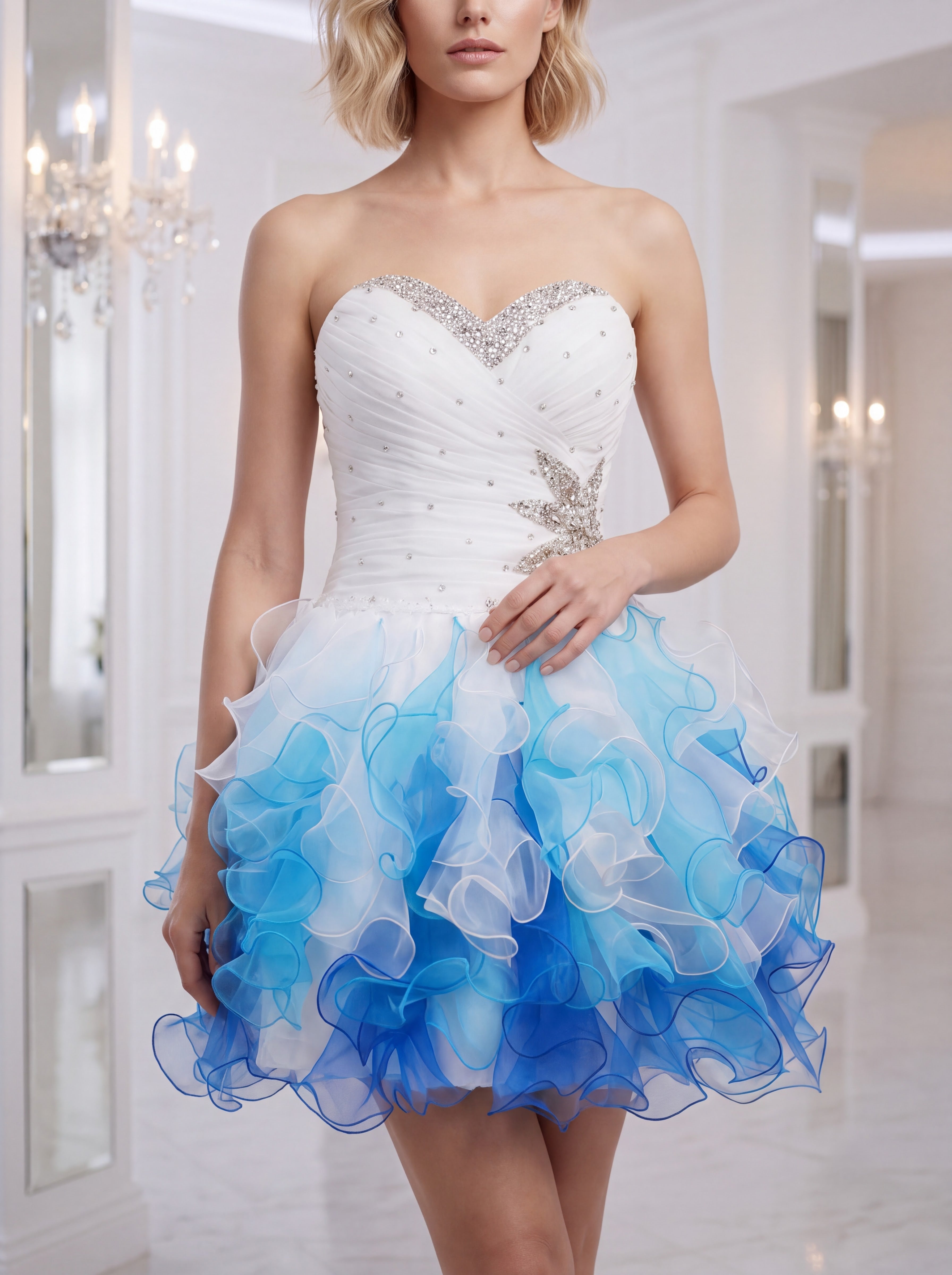White & Blue Ombre Strapless Ruffle Party Dress