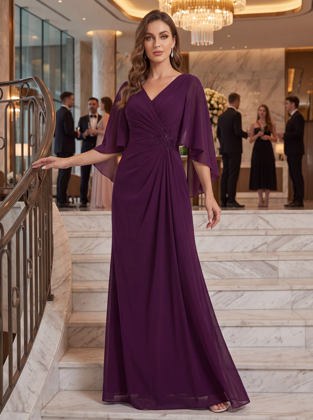 Plum Chiffon Cape Sleeve Evening Gown