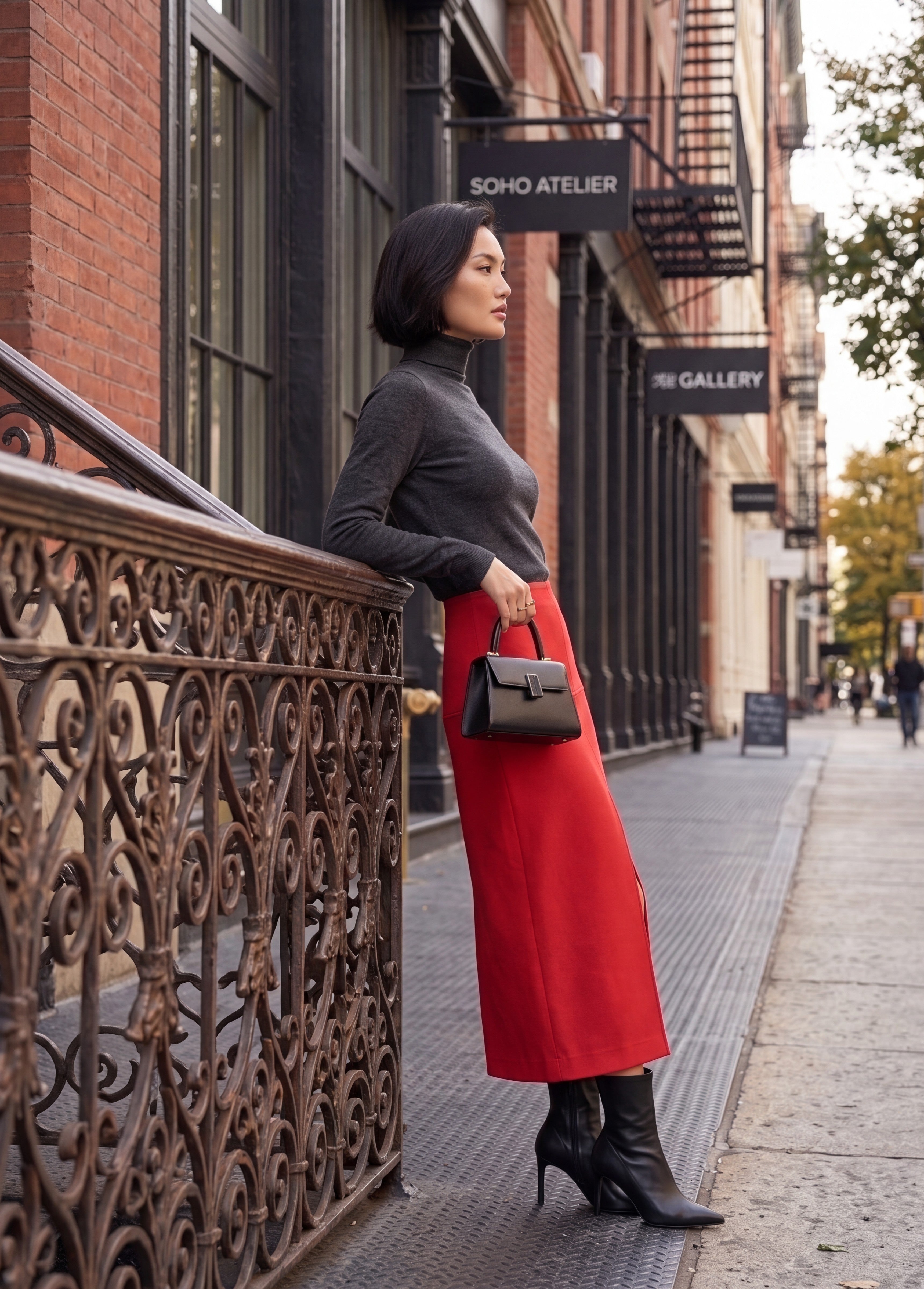 Women's Red Front Slit Midi Pencil Skirt