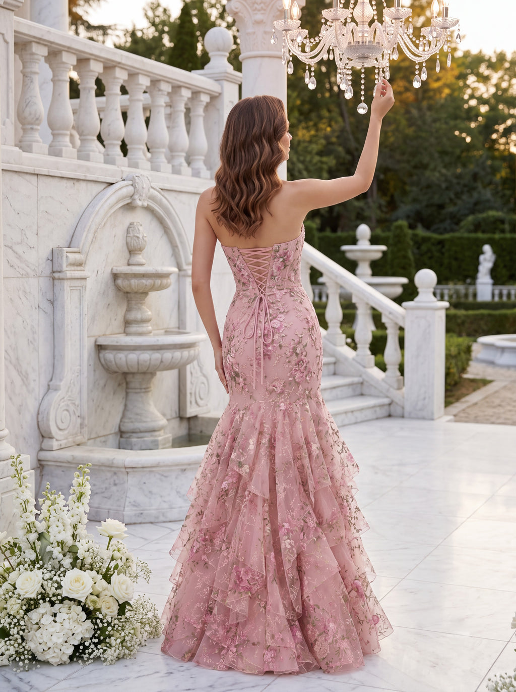 Blush Pink Floral Embroidered Strapless High Slit Evening Gown