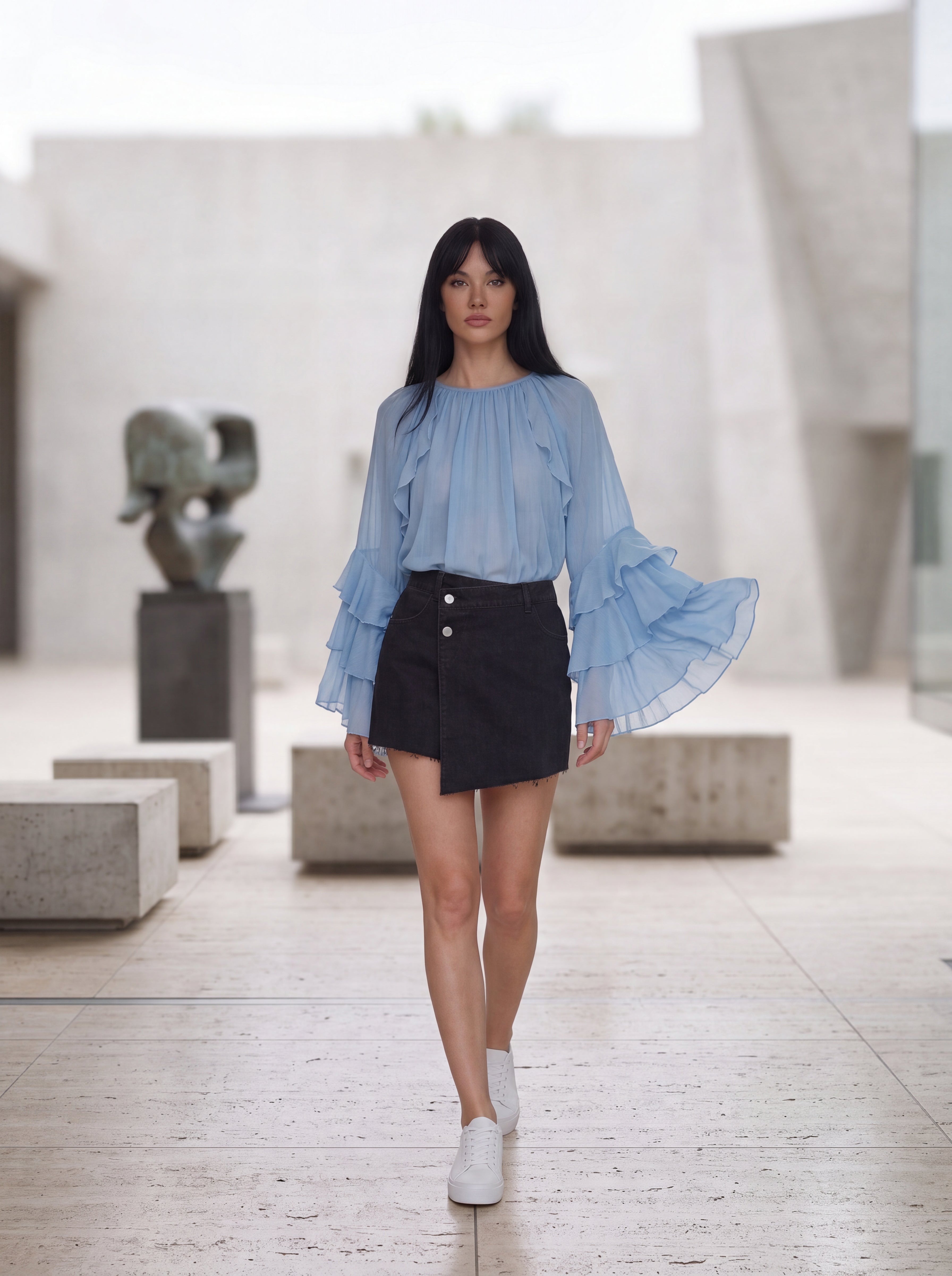 Women's Sky Blue Ruffle Sleeve Blouse | Premium European Women's Elegant Top