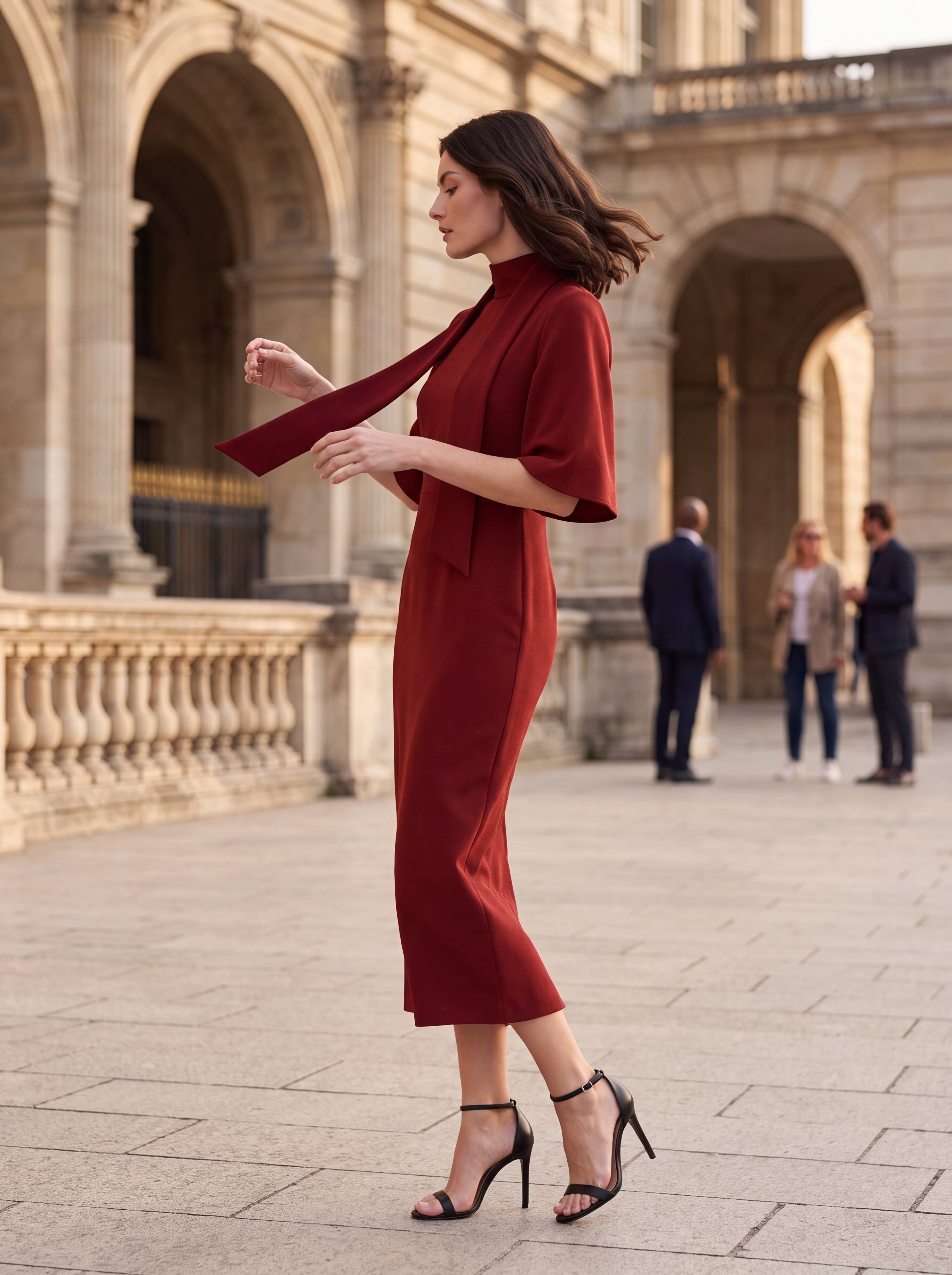 Woman's Rust High Neck Midi Dress with Cape Sleeves | Premium European Women's Dress