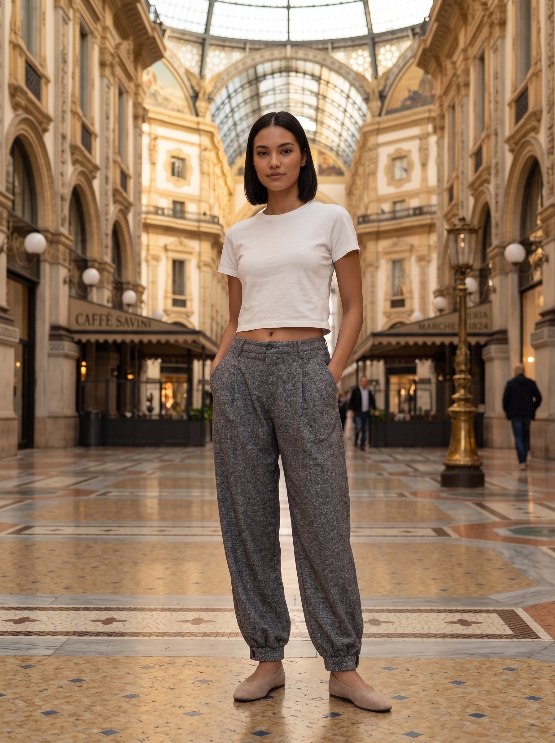 Women's Grey Textured Jogger Trousers – Premium European High-Waisted Relaxed Fit Pants