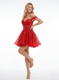 Red Off Shoulder Sequin Fit & Flare Mini Dress