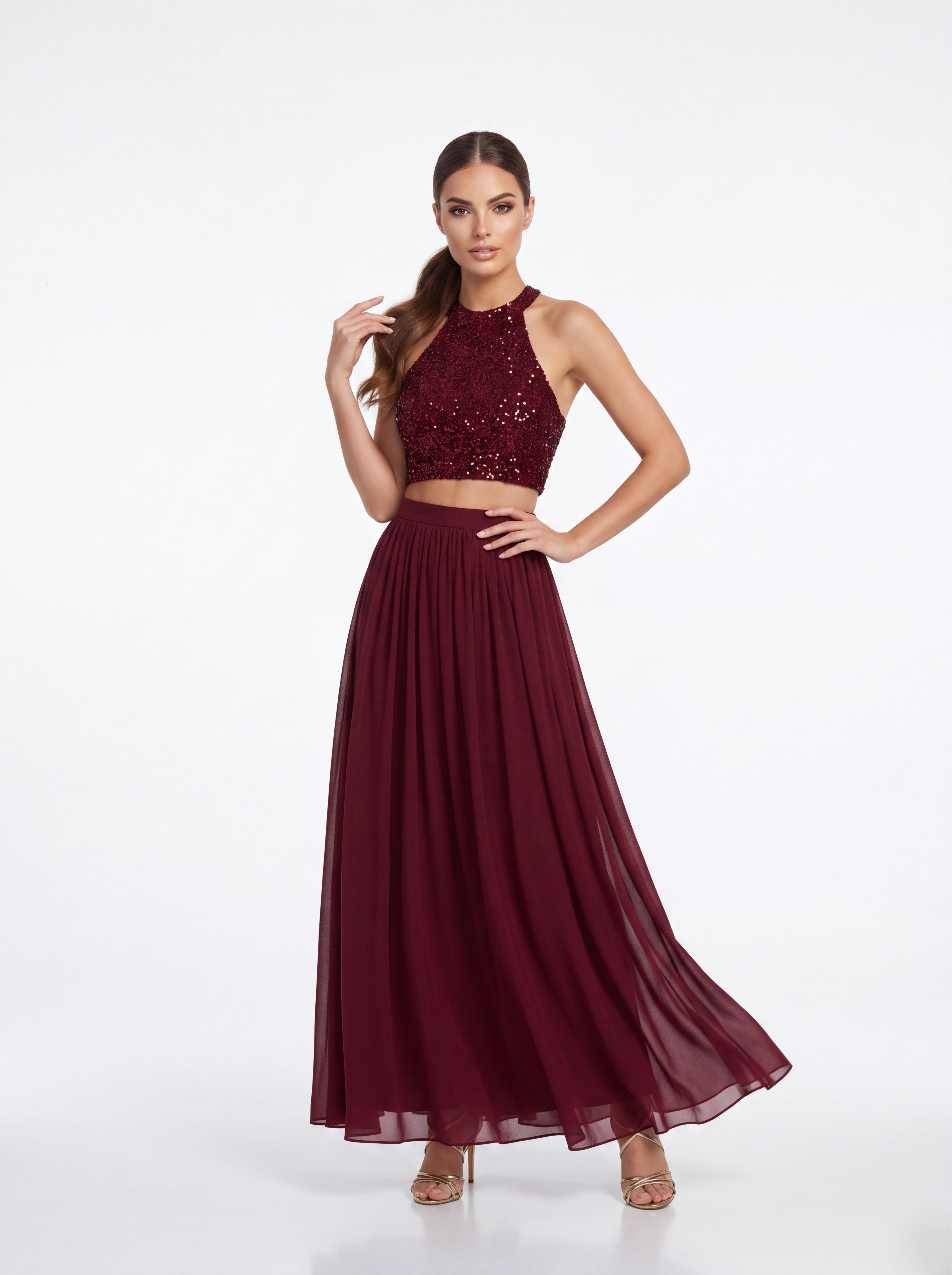 Burgundy Sequin Crop Top & Chiffon Maxi Skirt Set