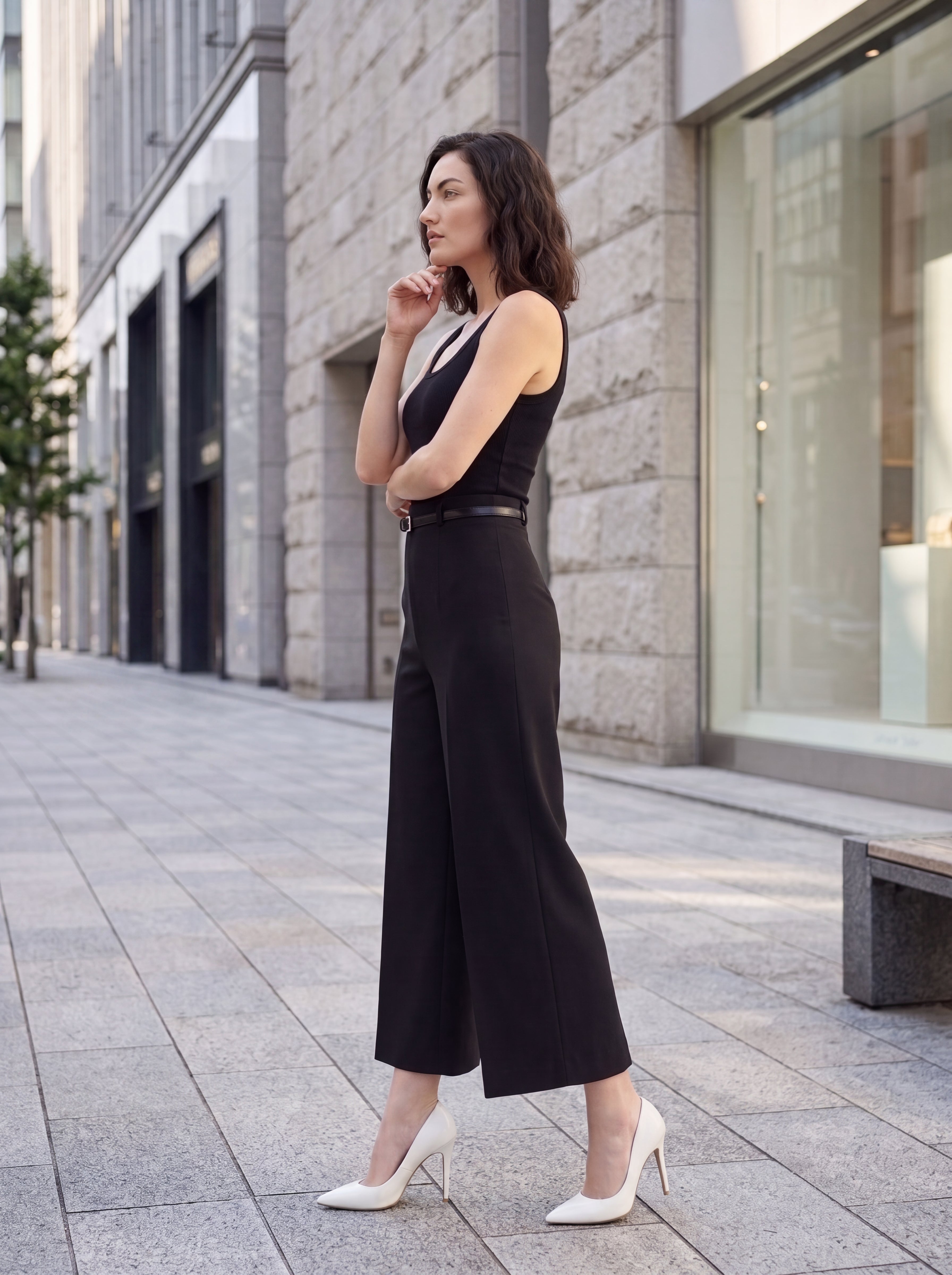 Women's Black High-Waisted Cropped Wide Leg Tailored Pants – Premium European Formal Culottes