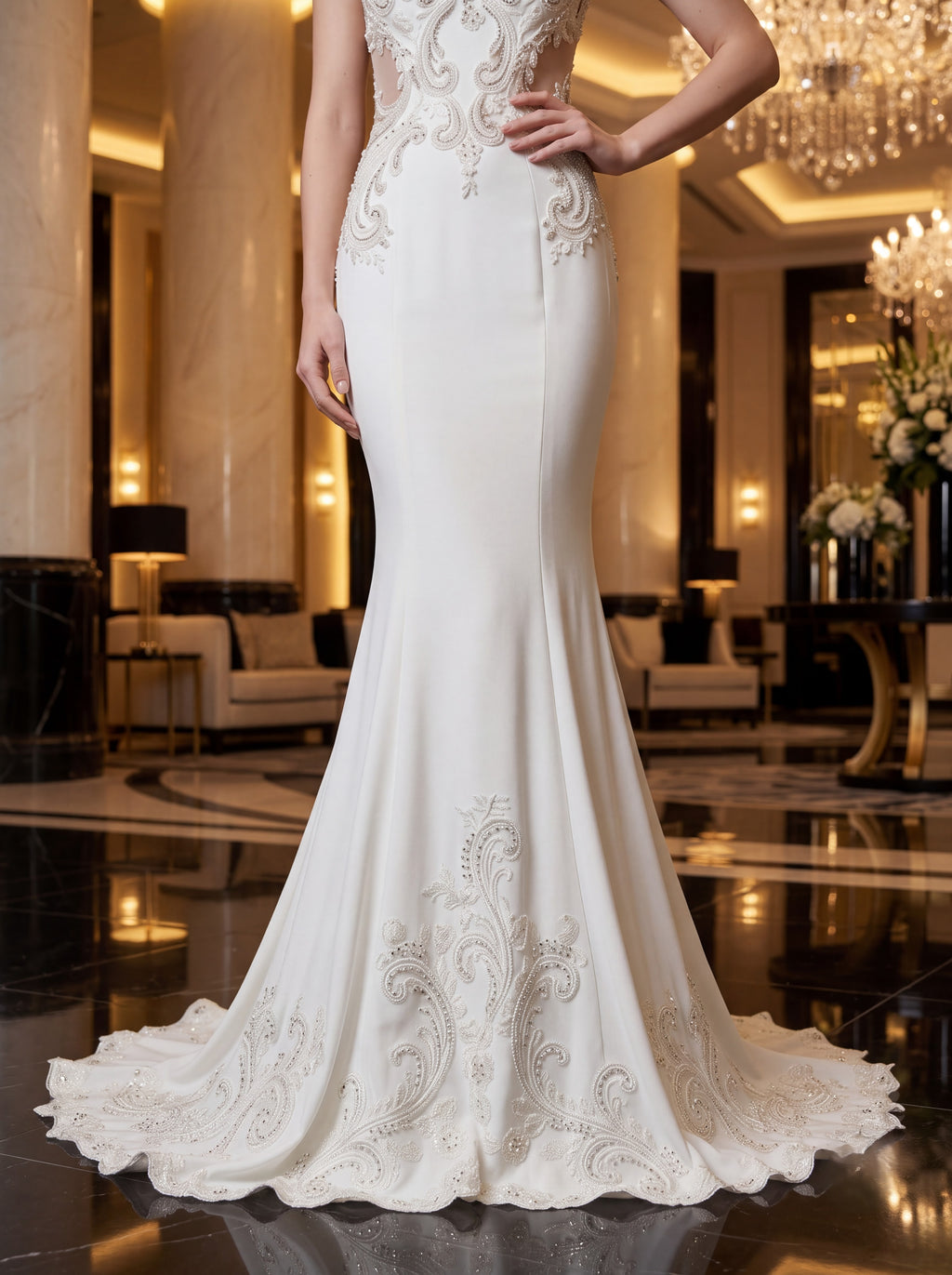 Ivory Embroidered Mermaid Evening Gown