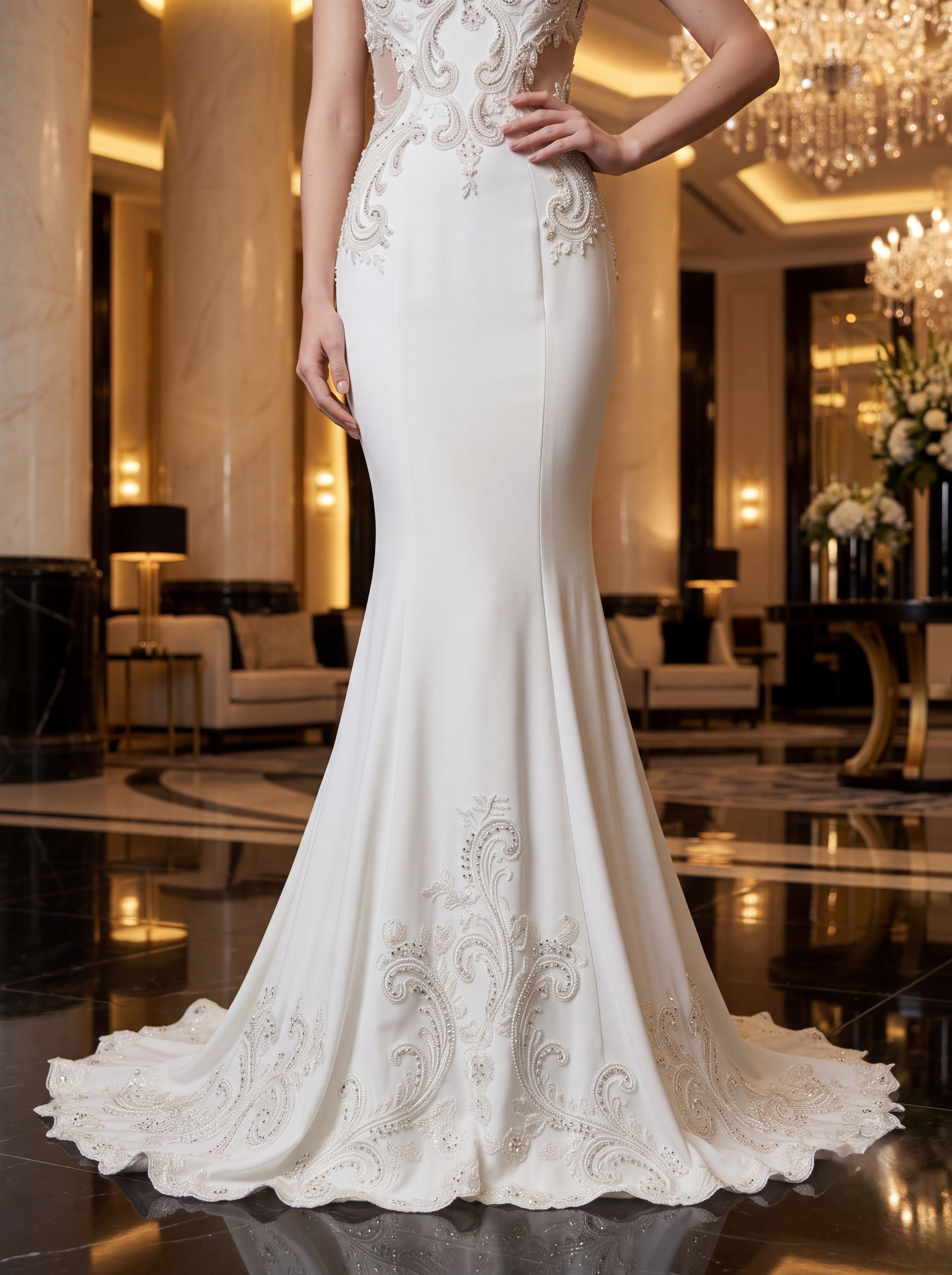 Ivory Embroidered Mermaid Evening Gown