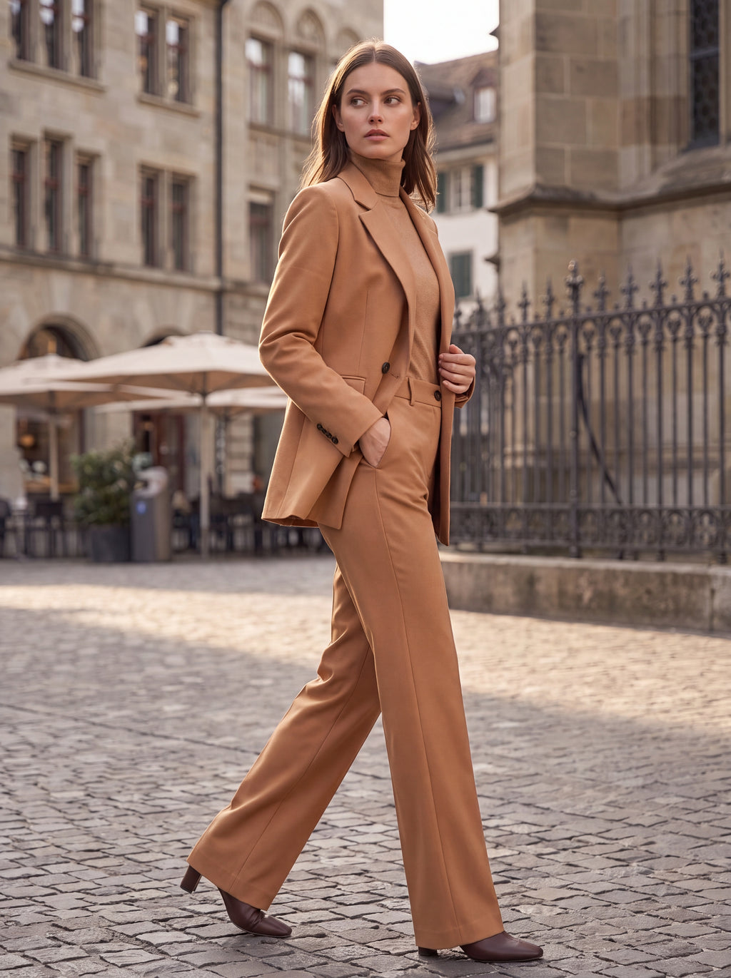 Women's Camel High-Waisted Straight-Leg Tailored Trousers – Premium European Formal Office Pants