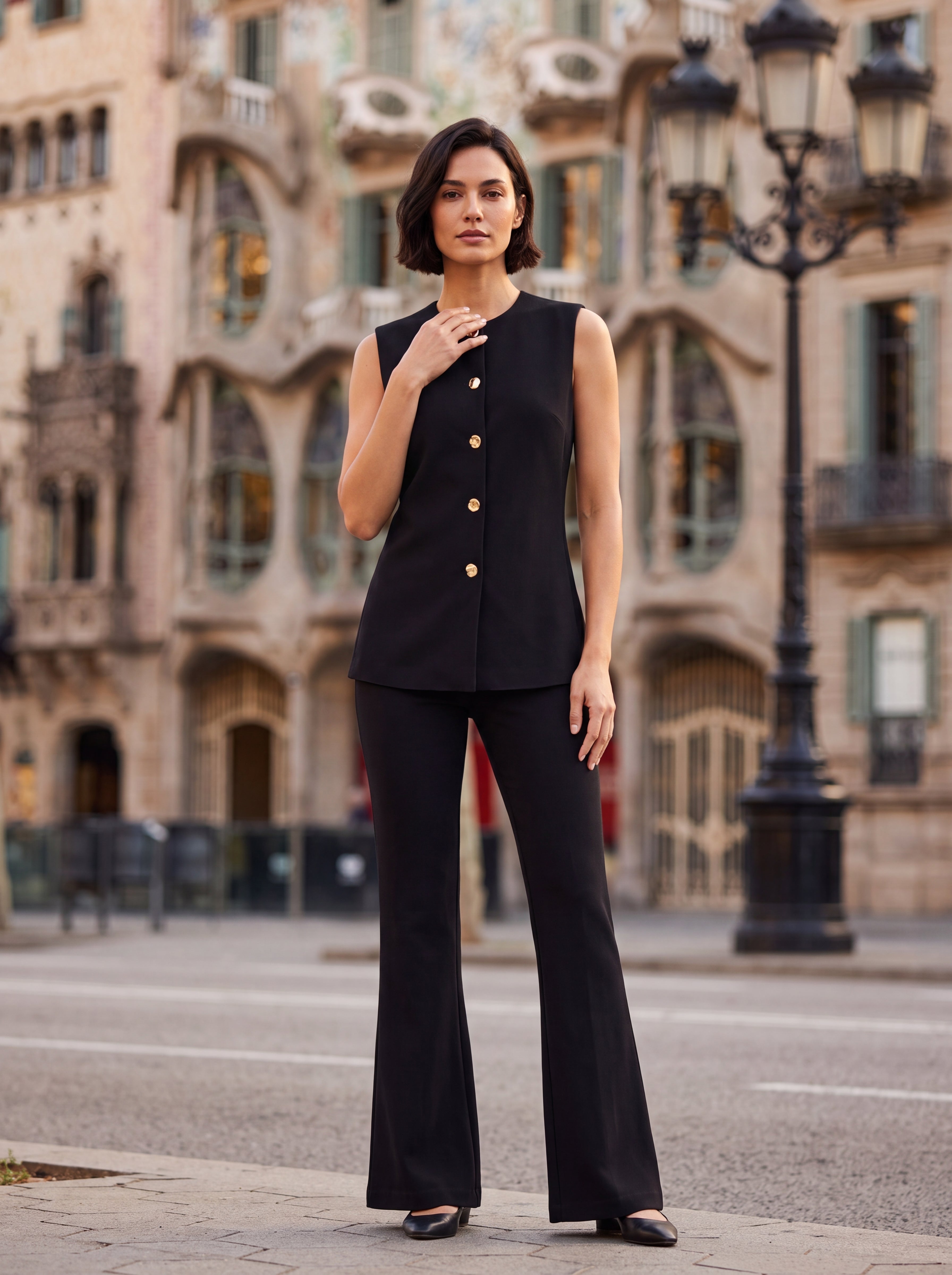 Women's Black Sleeveless Button Detail Top | Elegant Tailored Vest Blouse