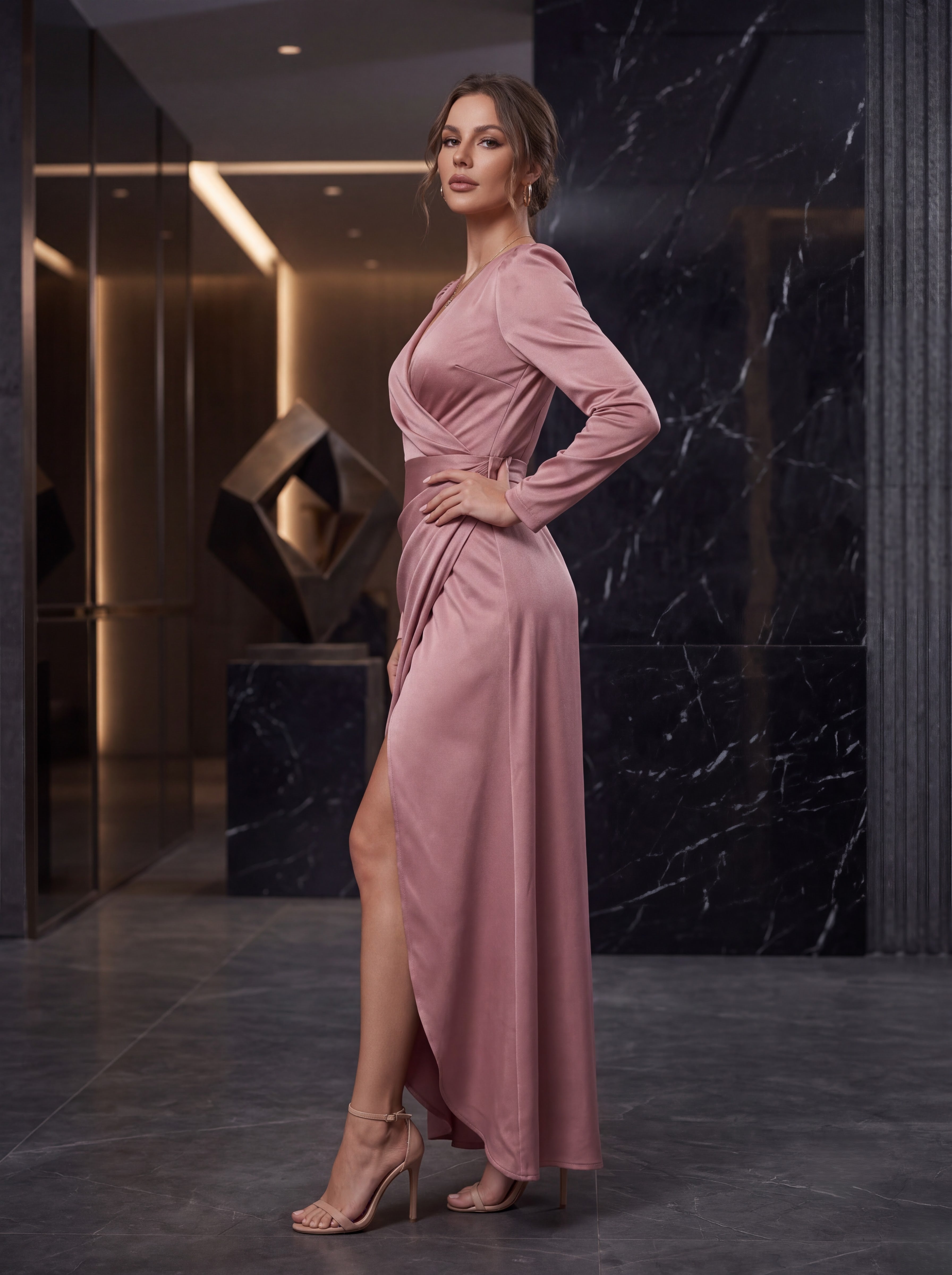 Dusty Rose Satin Wrap Maxi Dress