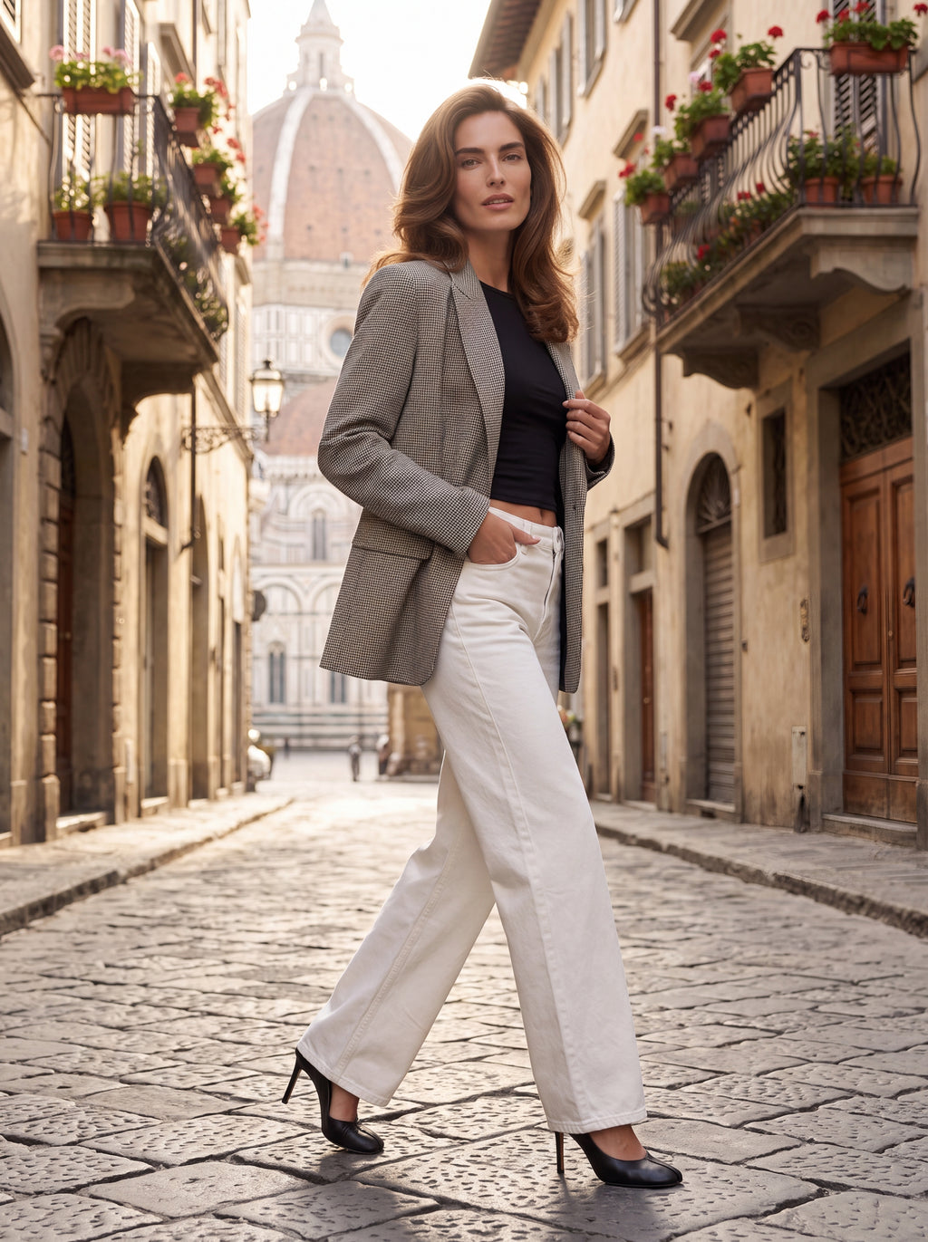 Women's Taupe Checkered Tailored Blazer