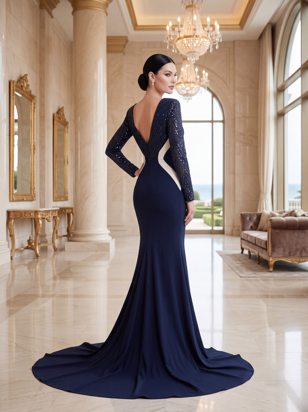 Navy Blue Long Sleeve Mermaid Evening Gown