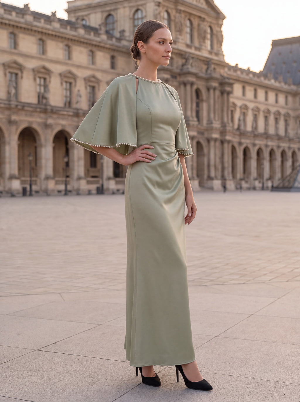 Sage Green Cape Sleeve Evening Gown