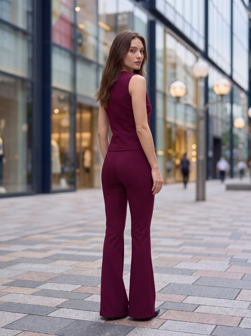 Women's Burgundy Tailored Vest & Flared Trousers Pair Collection | Premium European Women's Pair