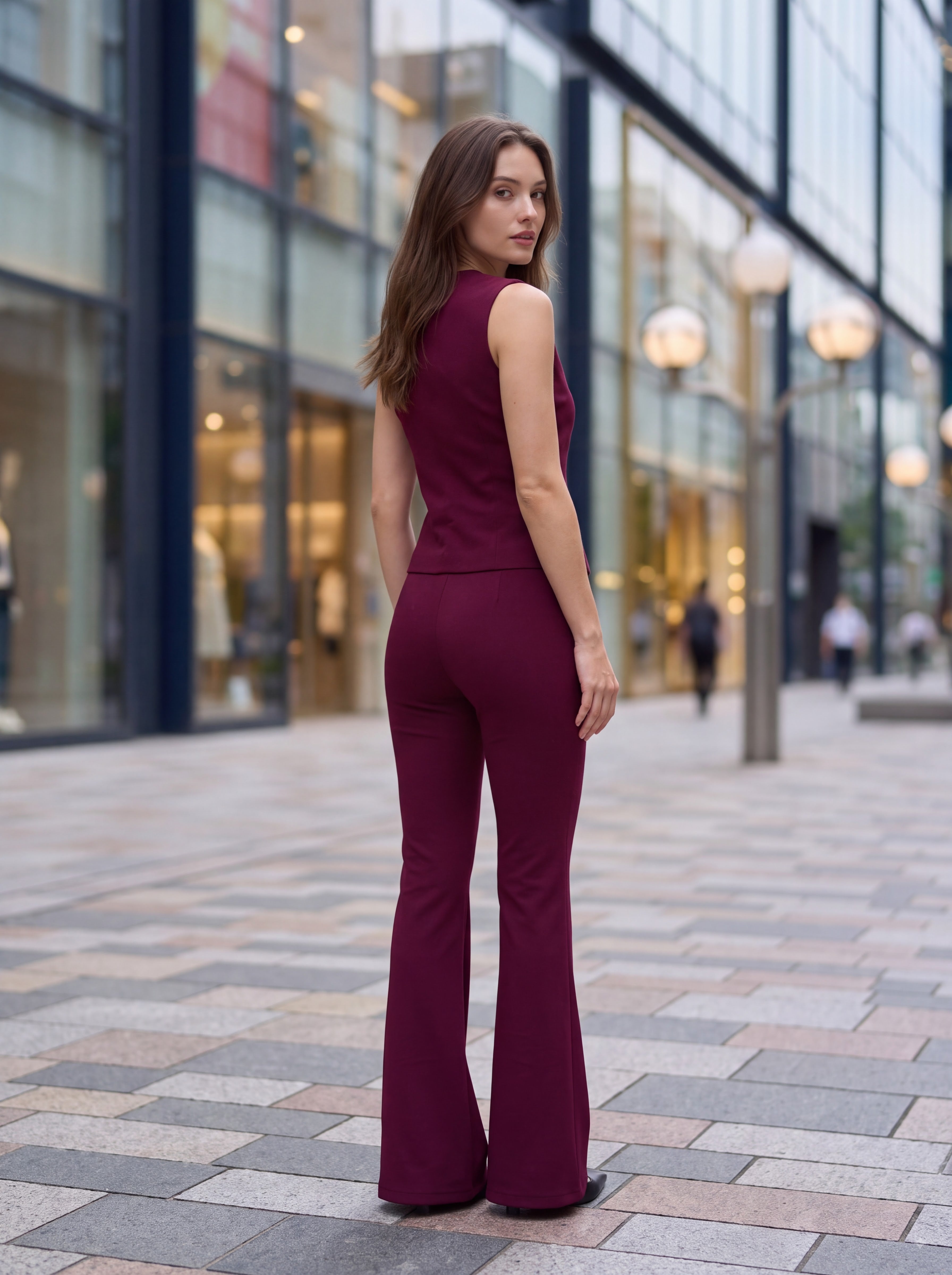 Women's Burgundy Tailored Vest & Flared Trousers Pair Collection | Premium European Women's Pair