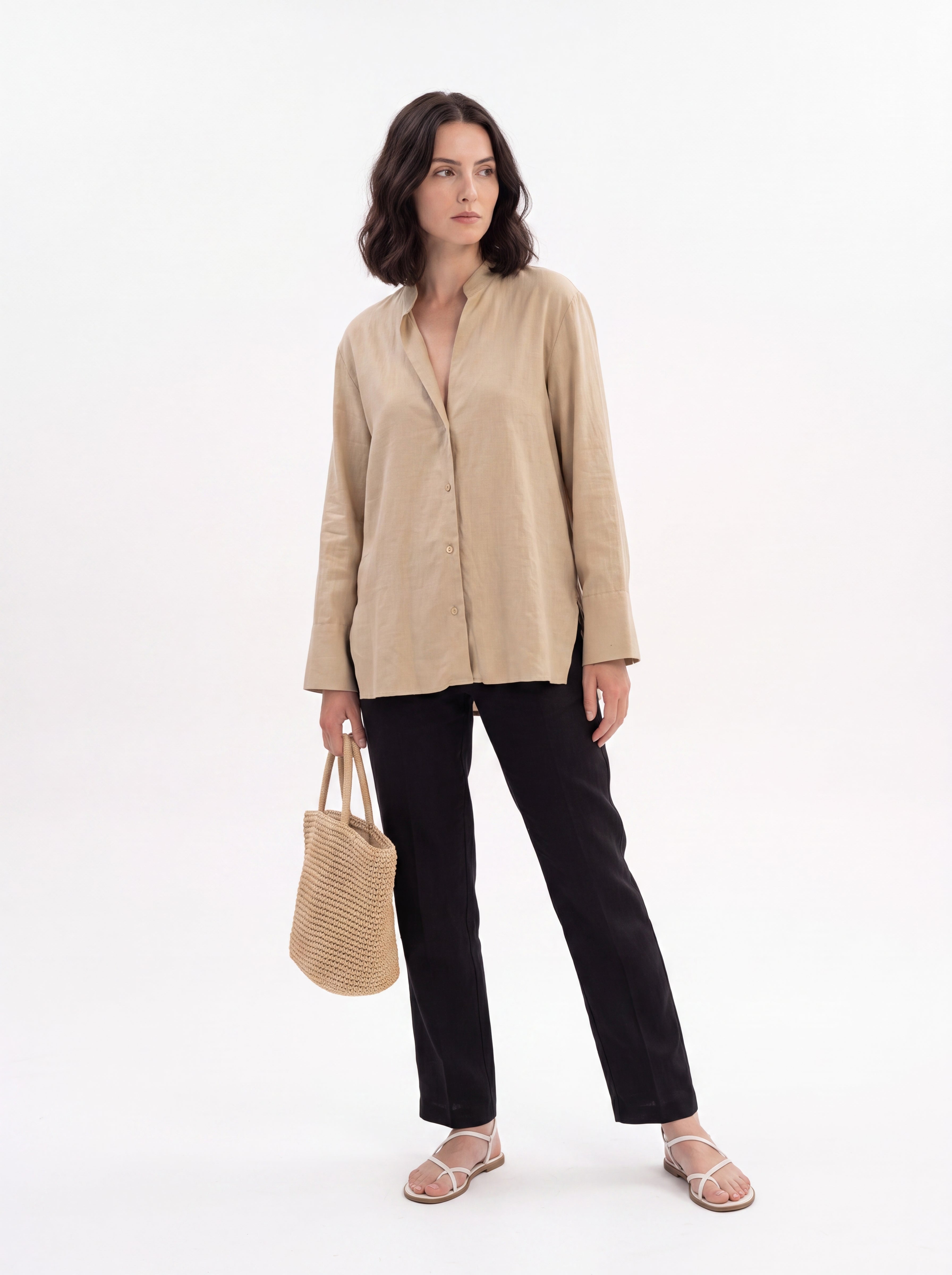 Women's Beige Relaxed Linen Shirt | Premium Casual Long Sleeve Top